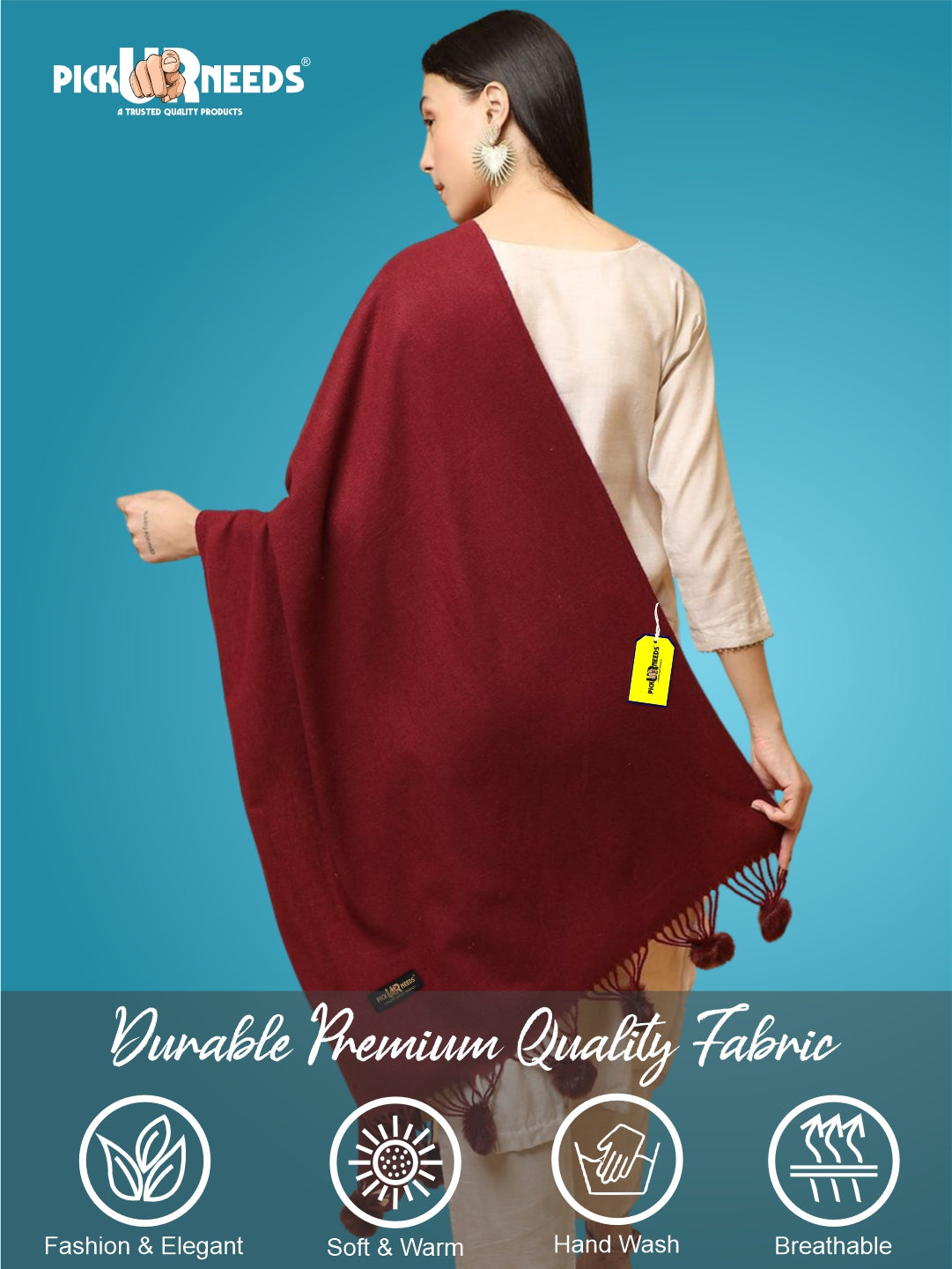 Pick Ur Needs Premium Women’s Wool Blend Scarf Soft Woolen Shawl Winter Stole with Tassels & Pom Poms