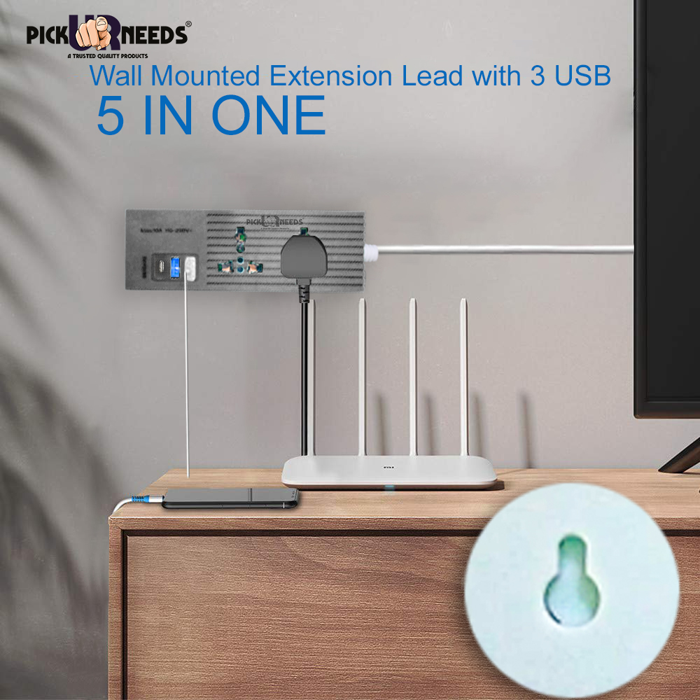 Pick Ur Needs Extension Cord 10A with Universal 2 Socket & 3 USB Port Extension Boards for Multiple Use