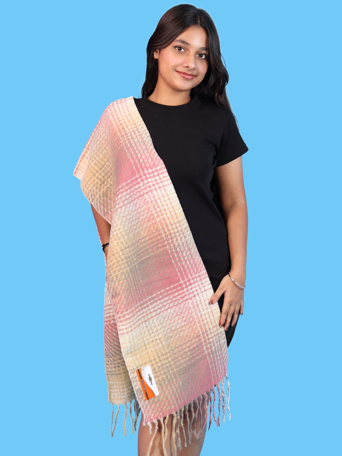 Pick Ur Needs Soft Woolen Girl's Muffler Scarf with Elegant Check Pattern,Warm & Cozy Winter Neck Wrap, Stylish Fringed Stole for Women & Girls