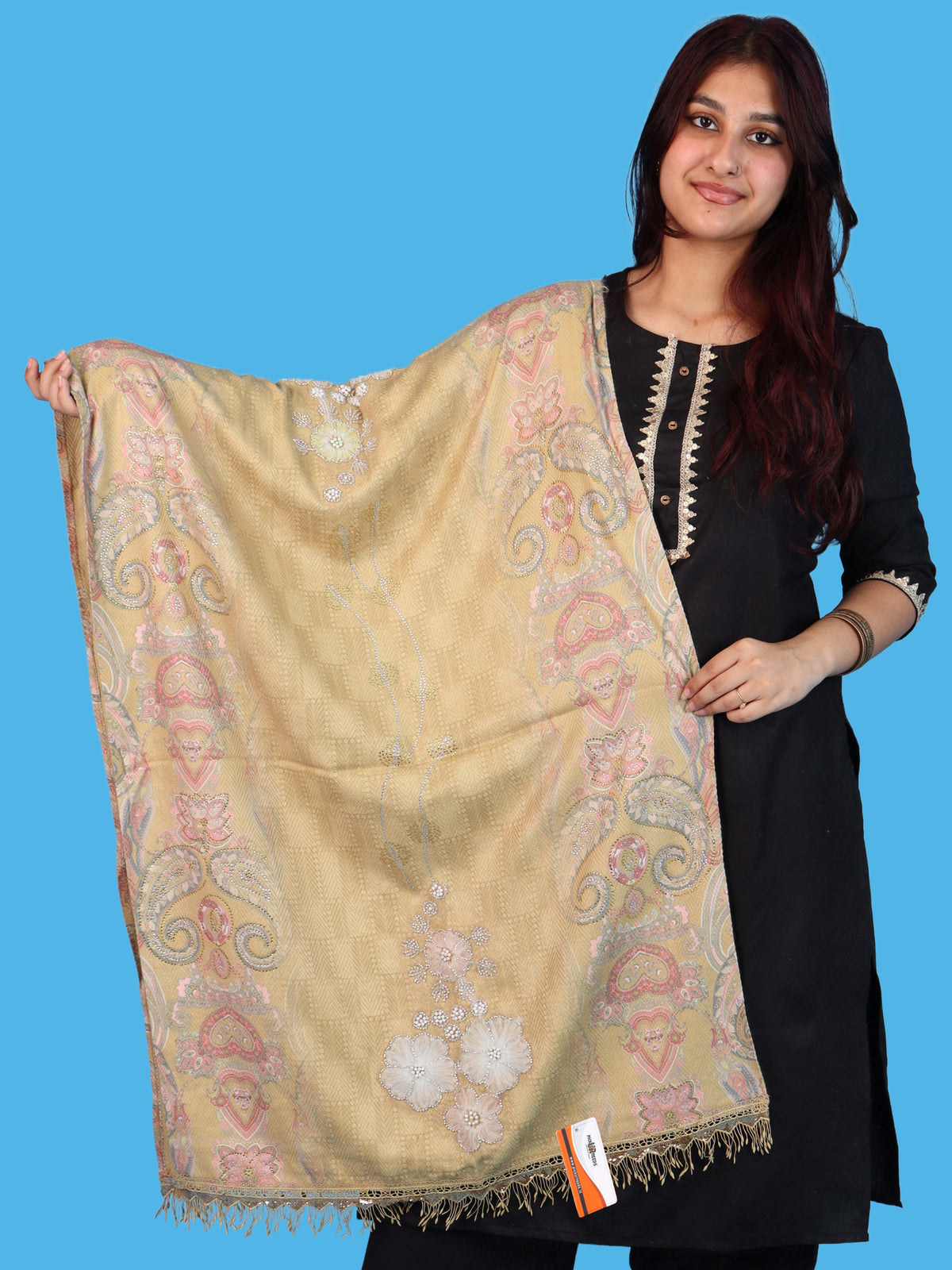 Pick Ur Needs Womens Designer Winter Elegant Floral Embellished Paisley Print Girls Shawl with Decorative Fringe Border