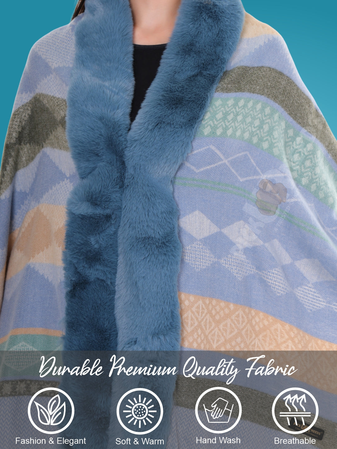 Pick Ur Needs Elegant Winter Soft & Warm Woolen Shawl with Faux Fur Border Multi Color Pattern Scarf