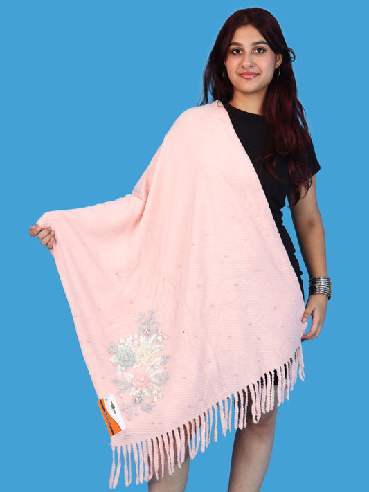 Pick Ur Needs Womens Premium Embroidered Winter Shawl Stole with Floral Design, Pearl Embellishments & Fringed Border Soft Warm Wrap for Girls