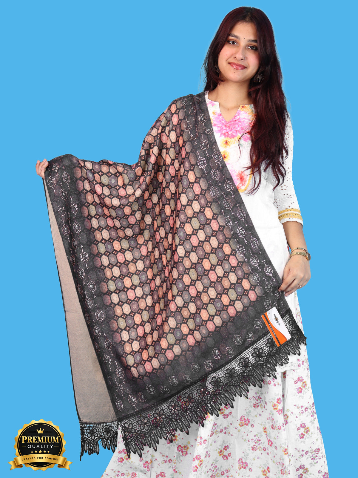 Pick Ur Needs Premium Stylish Womens & Girls Elegant Woolen Shawl Soft Warm Printed Stole with Lace Tassels