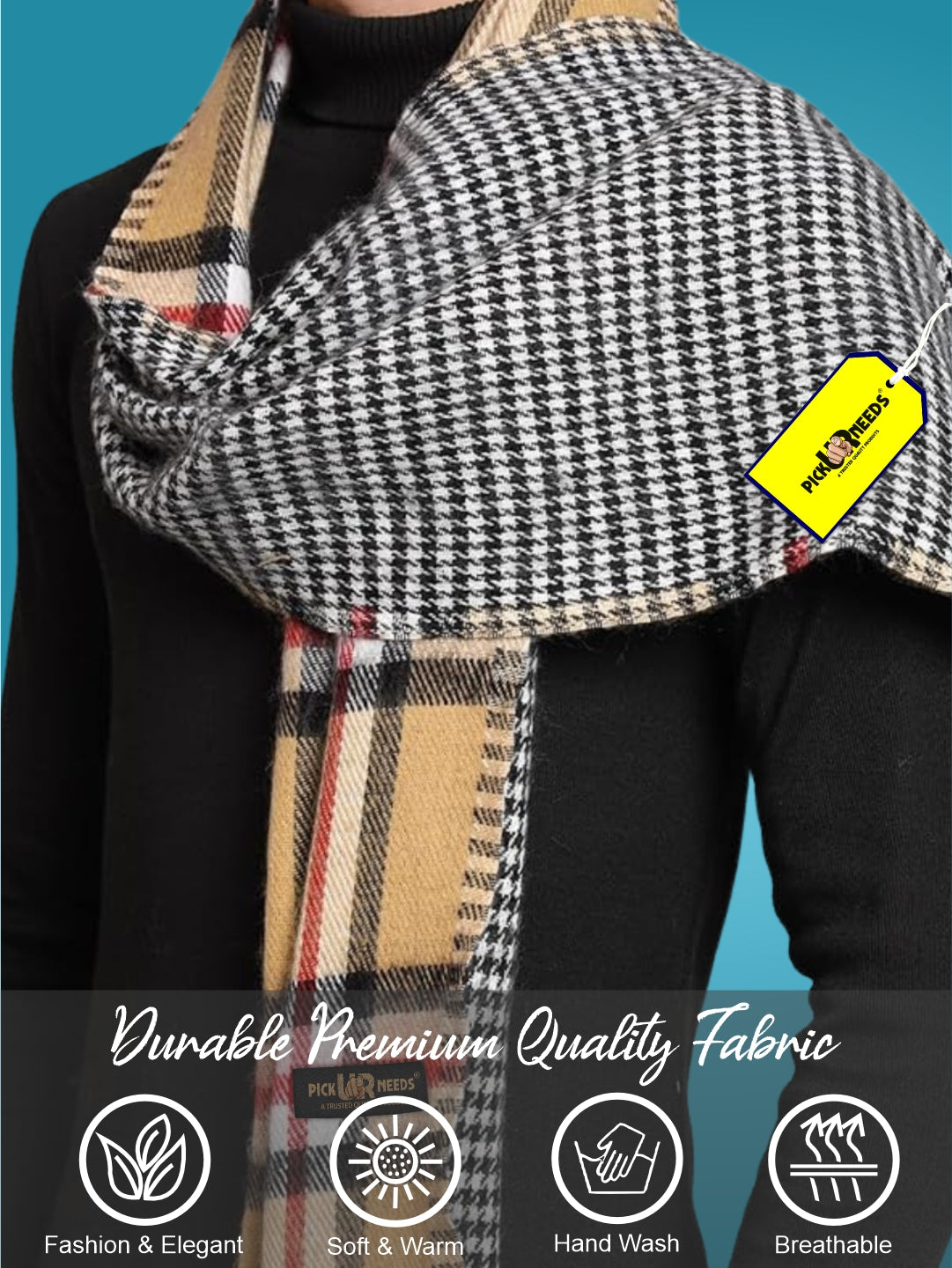 Pick Ur Needs Reversible Winter Muffler for Men Premium Soft Wool Blend Scarf Dual-Design Check & Houndstooth Pattern Warm & Stylish Winter Neck Wrap