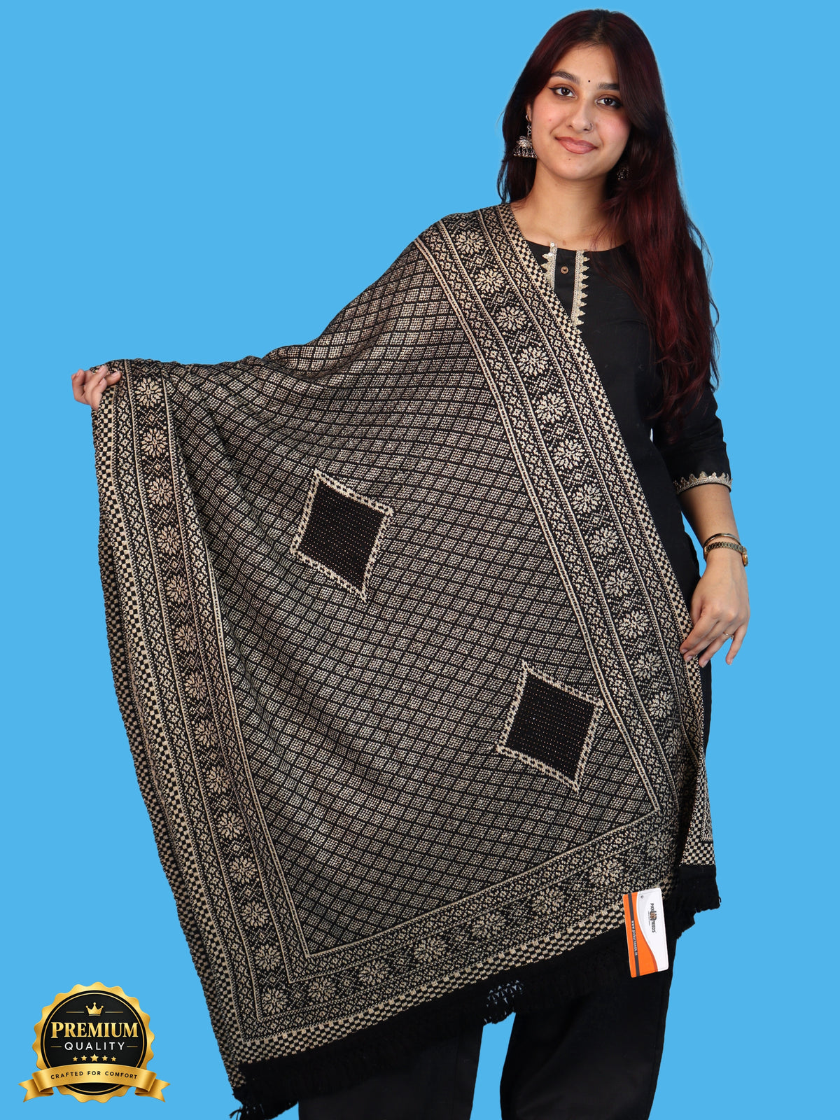 Pick Ur Needs Women & Girls Designer Shawl Stole with Elegant Woven Floral & Geometric Pattern, Soft Warm Winter Wrap with Fringed Border, Stylish Shoulder Scarf for Ladies