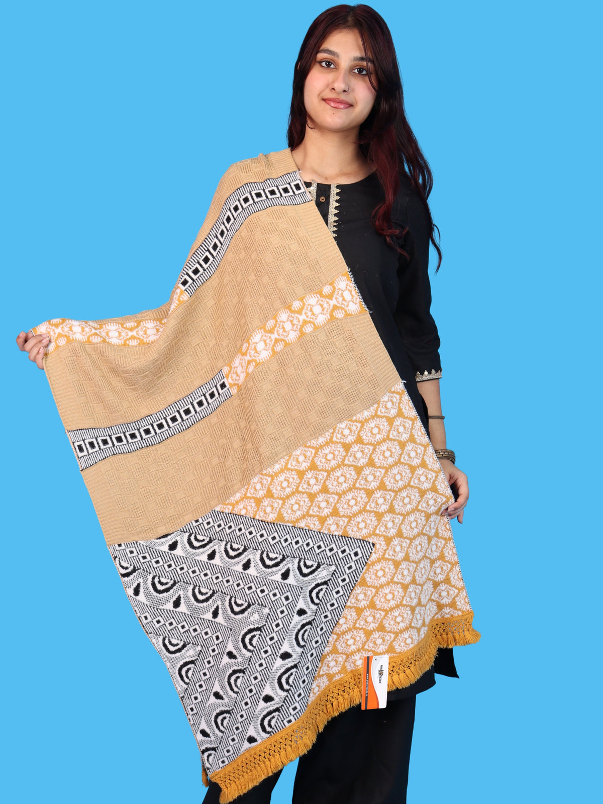 Pick Ur Needs Winter Girls & Womens Woolen Shawl, Soft Warm Printed Wrap with Elegant Pattern & Fringe Border
