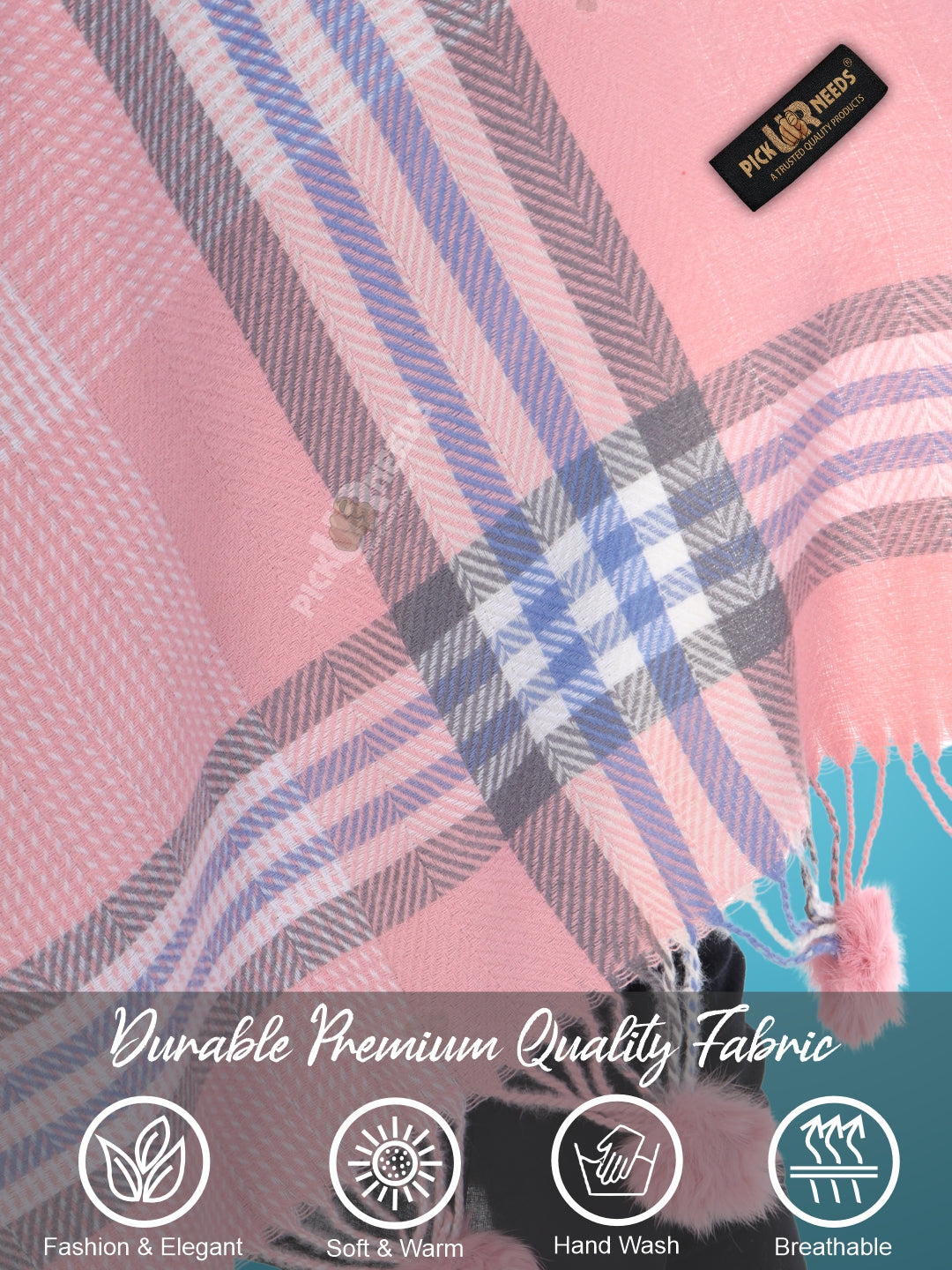 Pick Ur Needs Women's Soft Plaid Shawl Wrap Scarf with Pom Poms Warm Blanket Stole Fashionable Winter Gift for Ladies