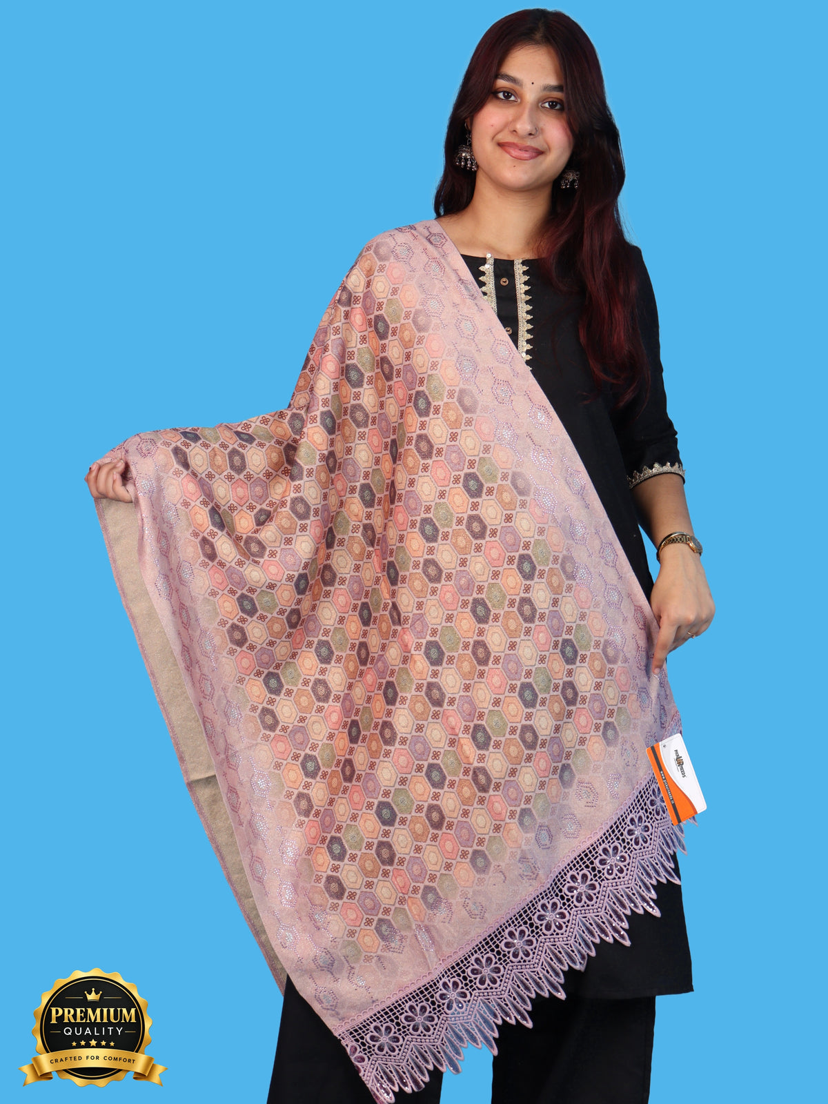 Pick Ur Needs Premium Stylish Womens & Girls Elegant Woolen Shawl Soft Warm Printed Stole with Lace Tassels