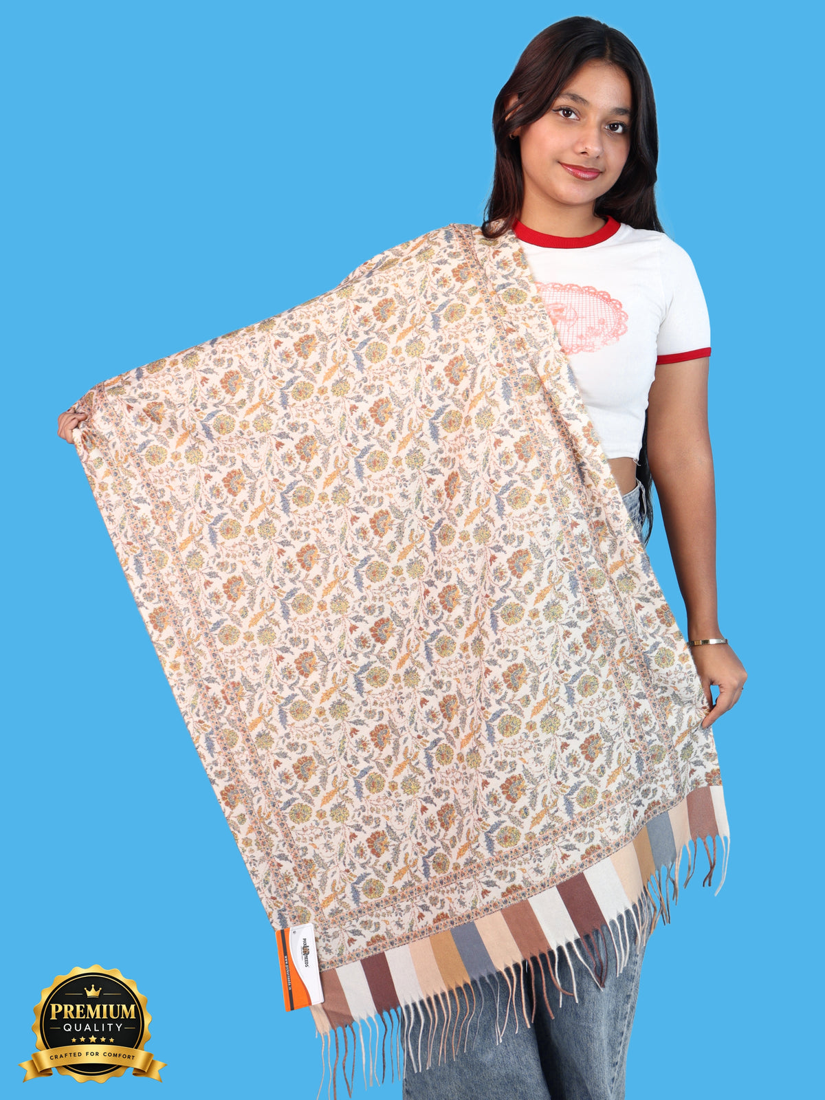 Pick Ur Needs Women & Girls Soft Woolen Shawl Elegant Floral Design Winter Neck Scarf with Decorative Border & Fringes