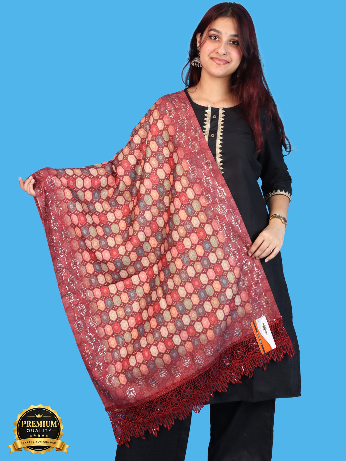 Pick Ur Needs Premium Stylish Womens & Girls Elegant Woolen Shawl Soft Warm Printed Stole with Lace Tassels