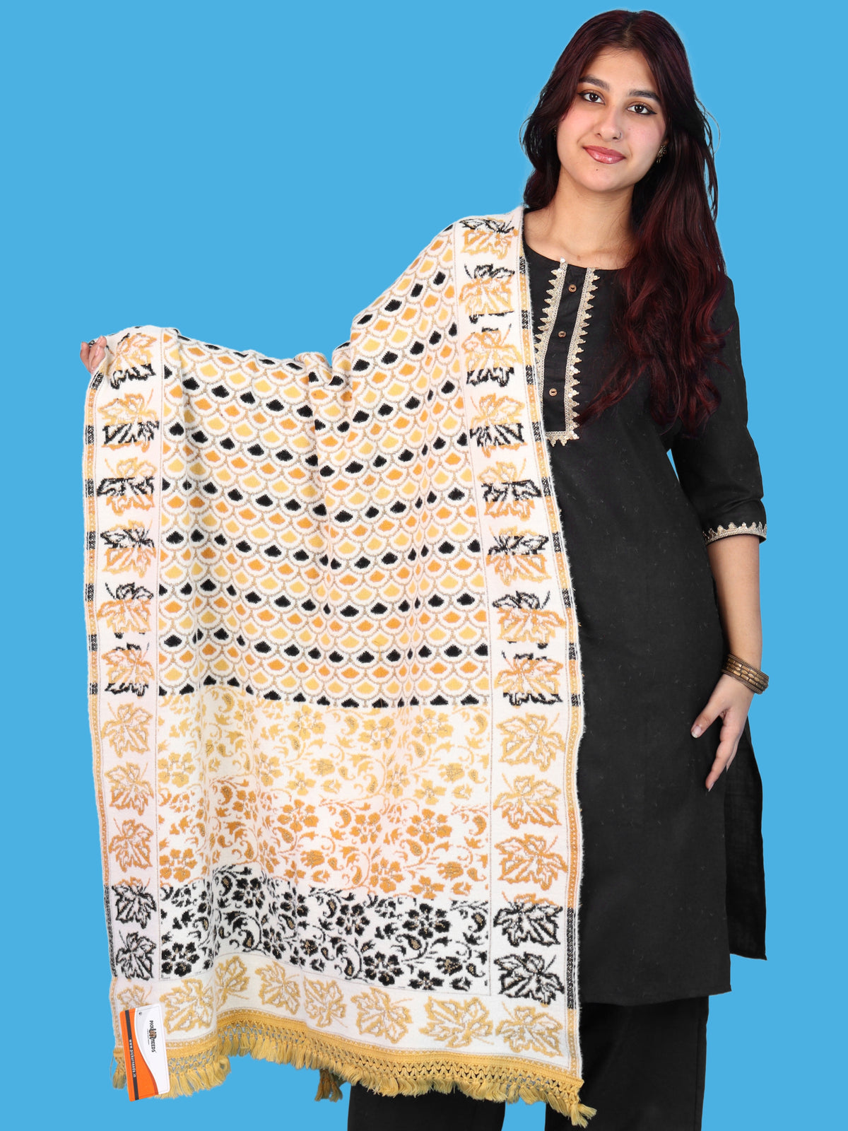 Pick Ur Needs Womens & Girls Winter Premium Shawl Floral Patterned Wool Blend Wrap with Decorative Border & Fringe Finish