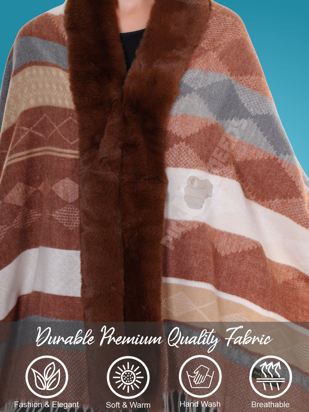 Pick Ur Needs Elegant Winter Soft & Warm Woolen Shawl with Faux Fur Border Multi Color Pattern Scarf