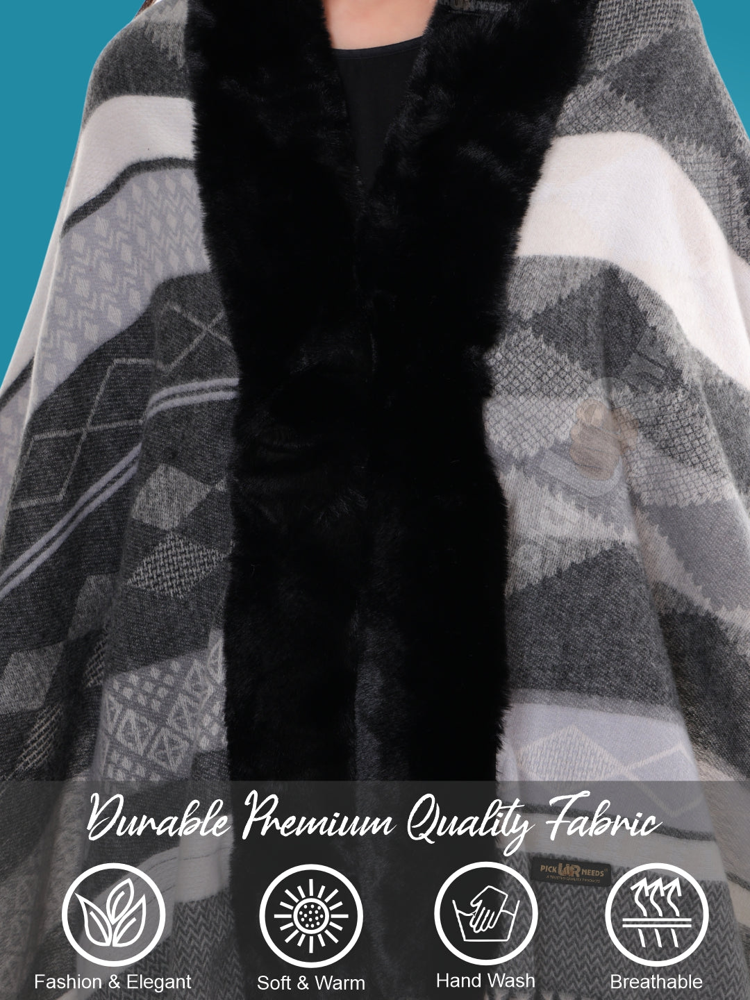 Pick Ur Needs Elegant Winter Soft & Warm Woolen Shawl with Faux Fur Border Multi Color Pattern Scarf