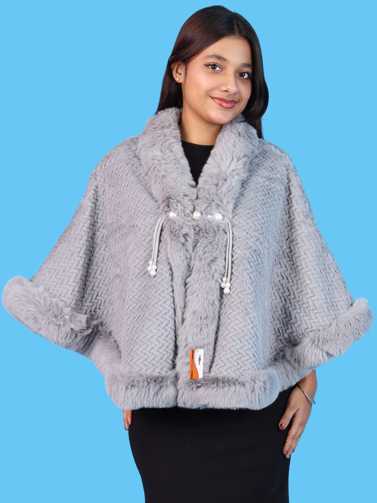 Pick Ur Needs Ladies Winter Shrug with Plush Fur Style Border & Pearl Bead Accents Textured Soft Fabric Open Front Cape Poncho with Wide Sleeves for Girls & Women