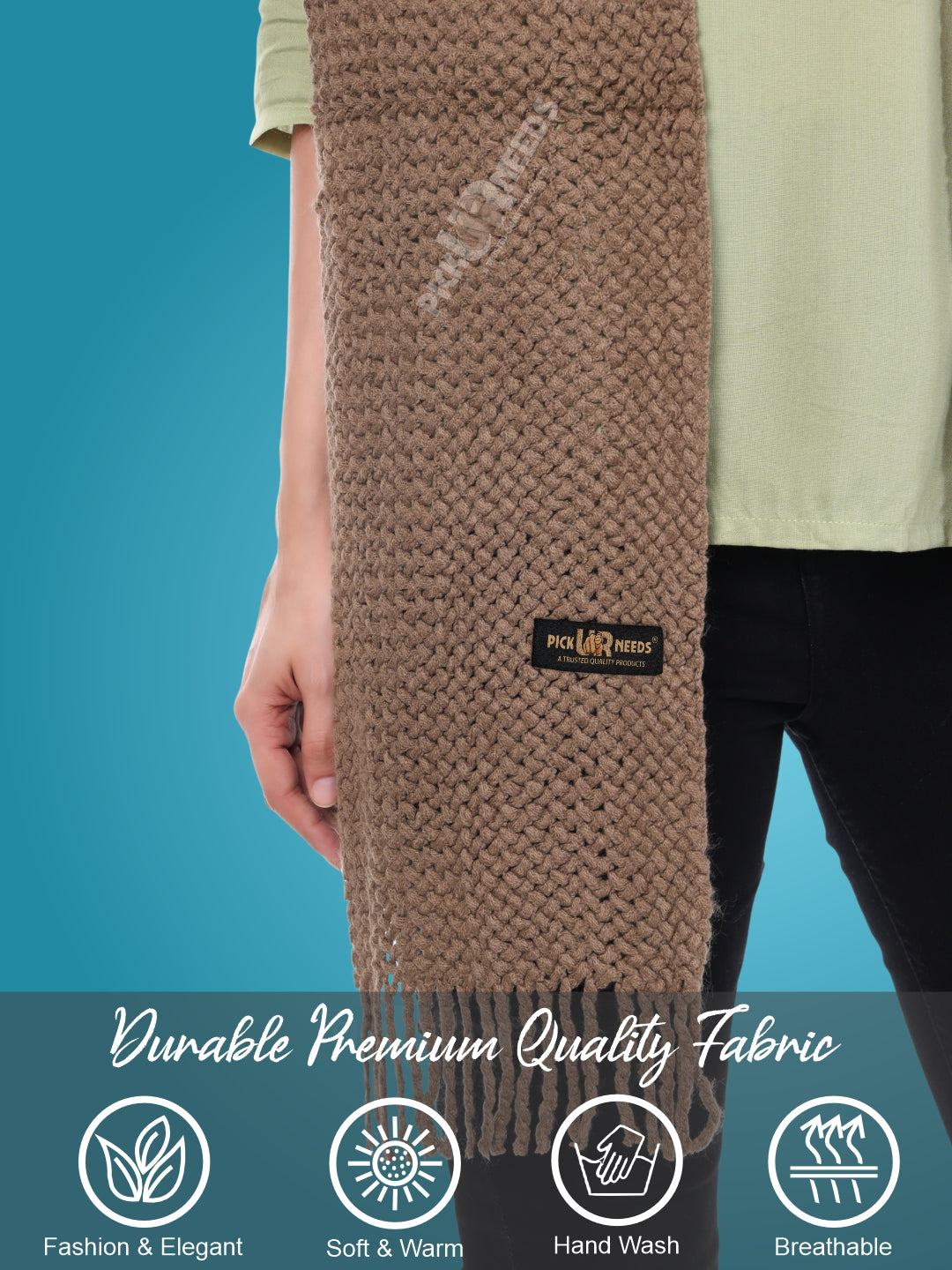 Pick Ur Needs Women's Chunky Knit Scarf  Soft, Warm & Breathable Winter Muffler  Unisex Solid Tan Textured Knit with Fringes