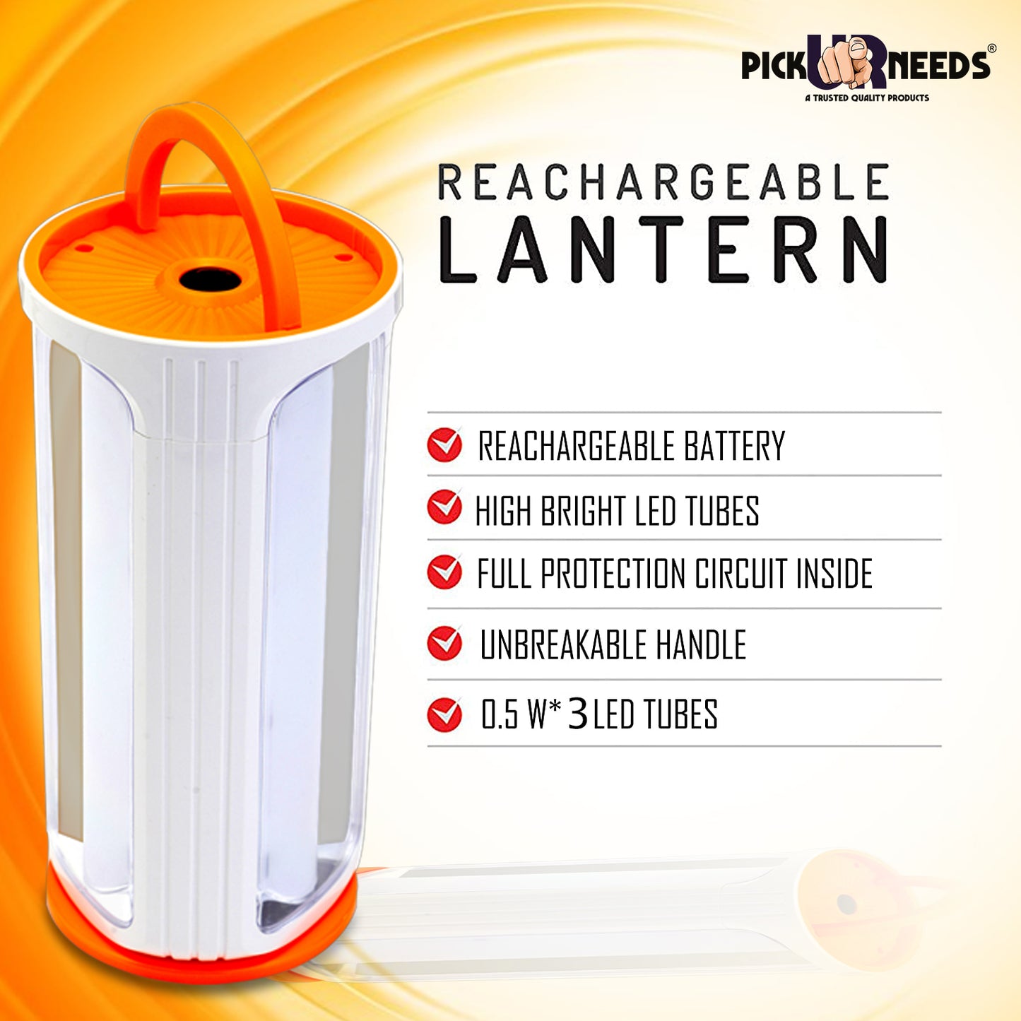 Pick Ur Needs Rechargeable 90W Home Emergency Light 3 Side Tube Floor Lantern Lamp with Hanging Handle