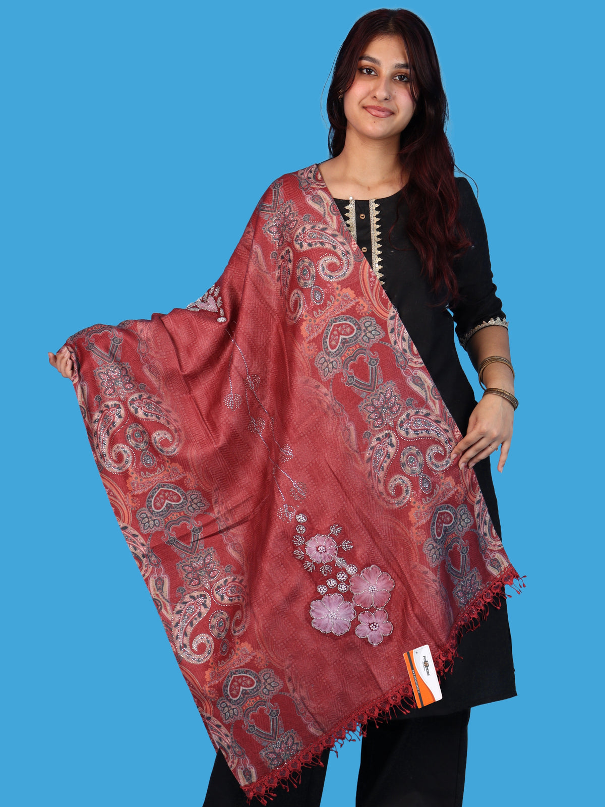 Pick Ur Needs Womens Designer Winter Elegant Floral Embellished Paisley Print Girls Shawl with Decorative Fringe Border