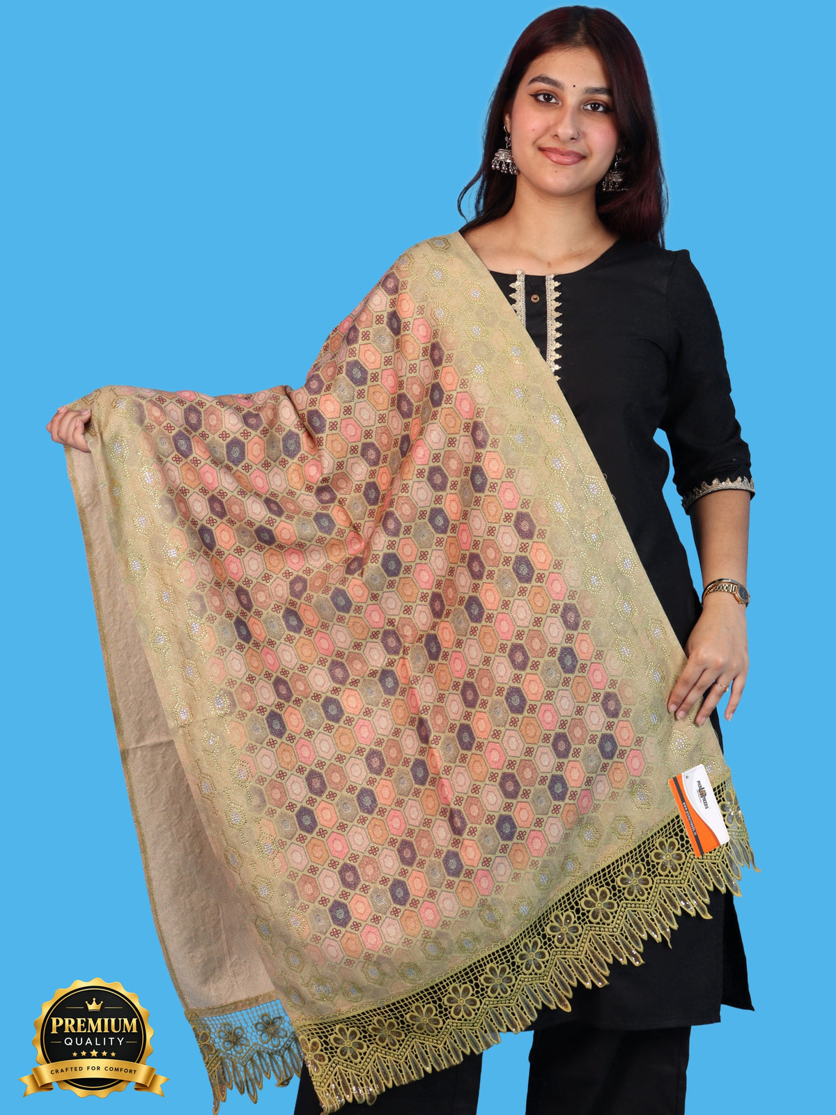 Pick Ur Needs Premium Stylish Womens & Girls Elegant Woolen Shawl Soft Warm Printed Stole with Lace Tassels
