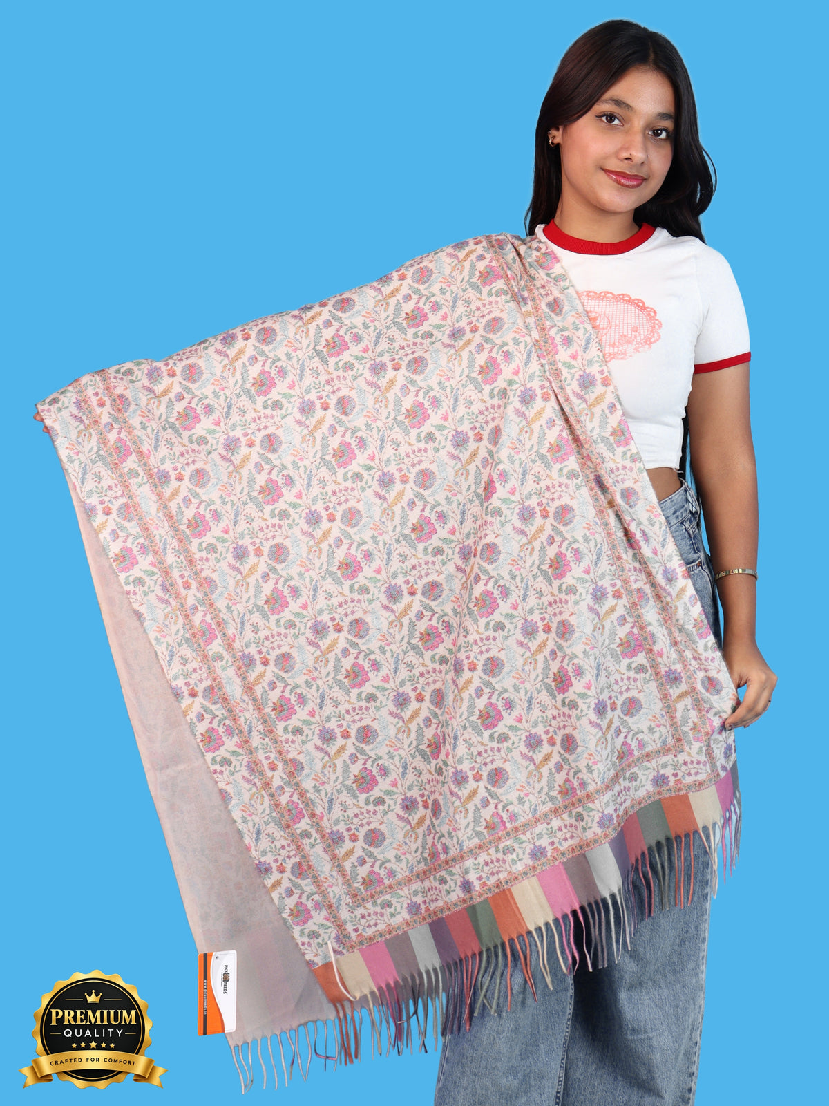 Pick Ur Needs Women & Girls Soft Woolen Shawl Elegant Floral Design Winter Neck Scarf with Decorative Border & Fringes