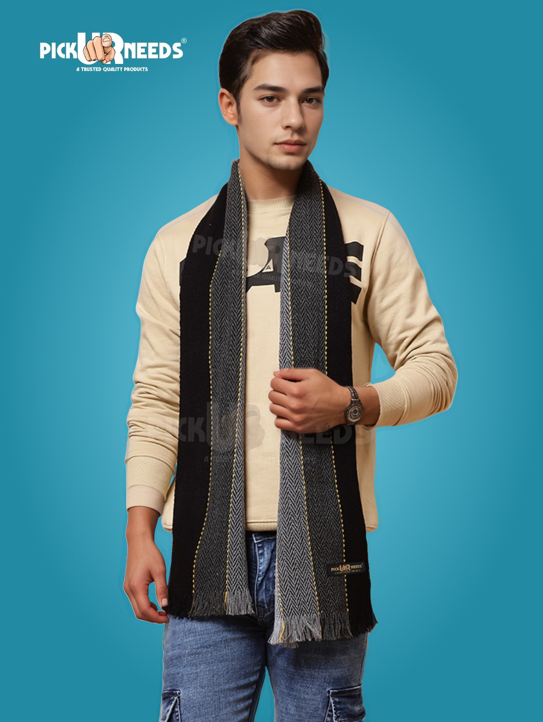 Pick Ur Needs Premium Men's Warm And Stylish Woolen Muffler With Multicolour Stripes And Stylish Tussles Ends