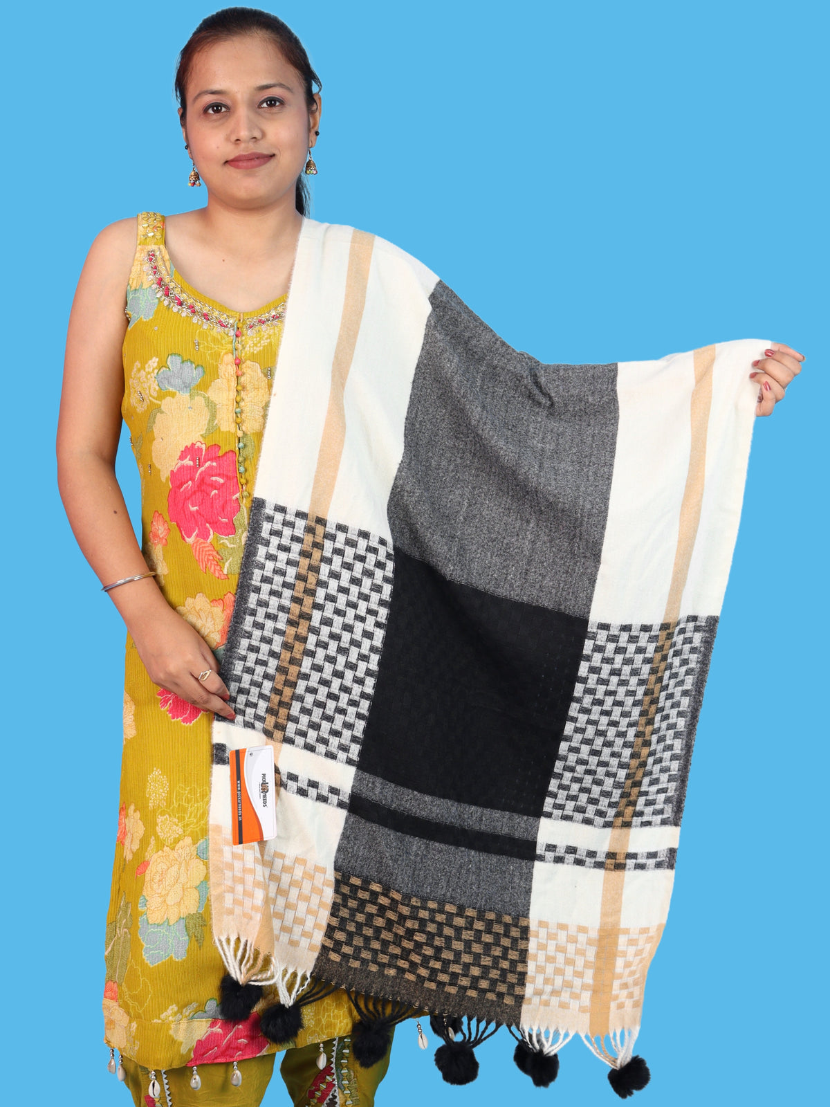Pick Ur Needs Women Designer Winter Shawl with Geometric Checkered Pattern Shoulder Wrap with Tassels Stylish Stole for Girls Party, Casual & Ethnic Wear