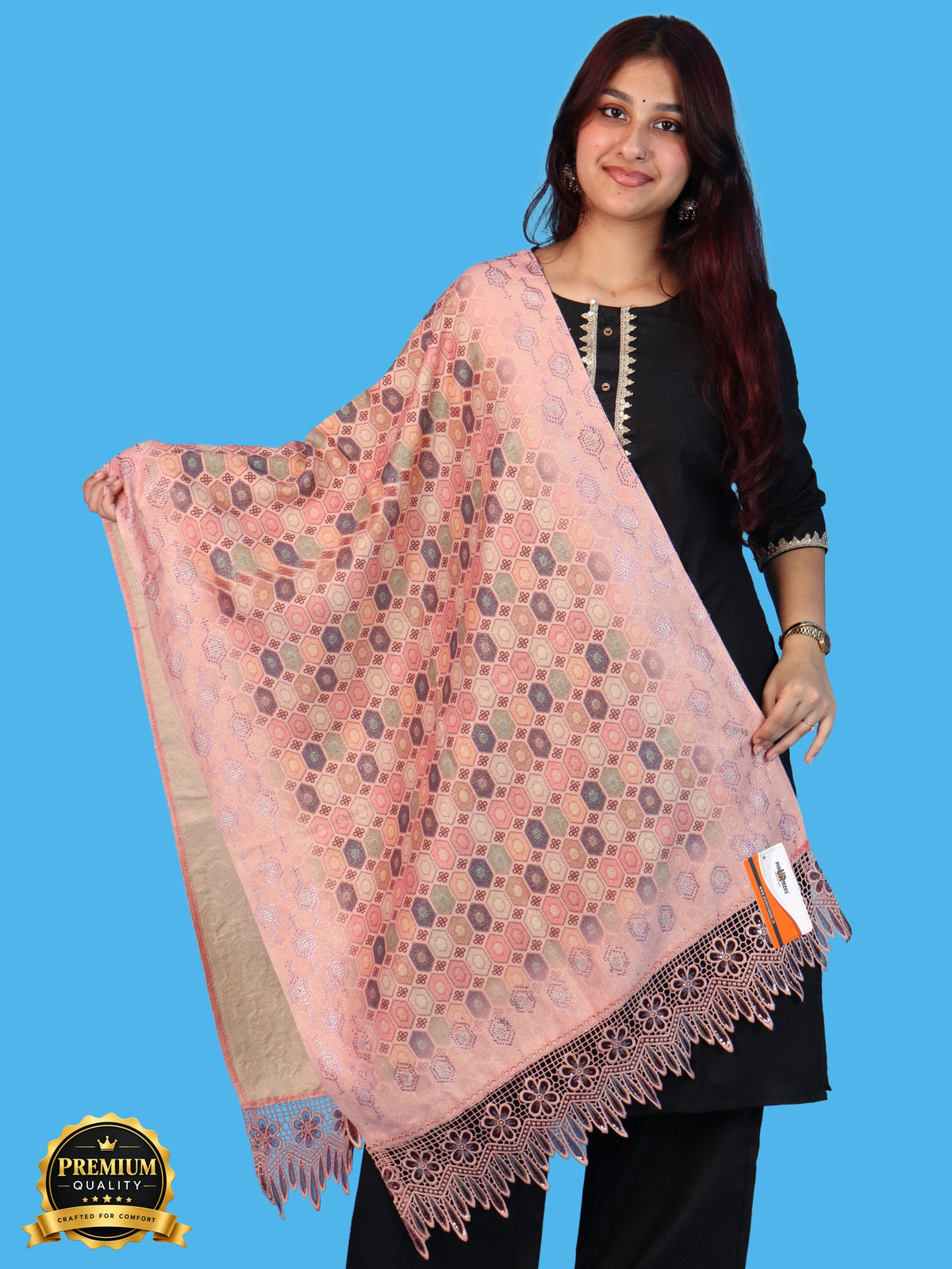 Pick Ur Needs Premium Stylish Womens & Girls Elegant Woolen Shawl Soft Warm Printed Stole with Lace Tassels