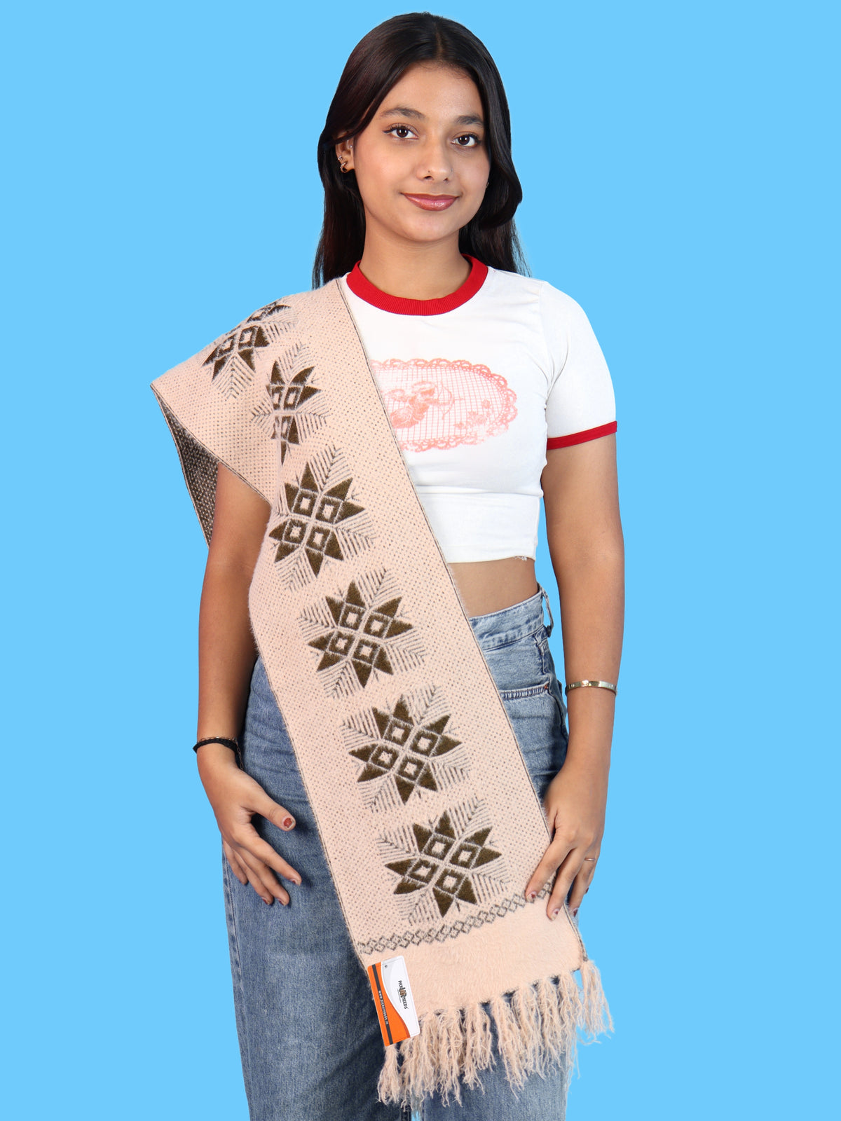 Pick Ur Needs Women & Girls Reversible Knitted Winter Muffler, Soft Warm Woollen Scarf with Geometric Pattern and Tassels, Lightweight Dual-Sided Winter Wrap