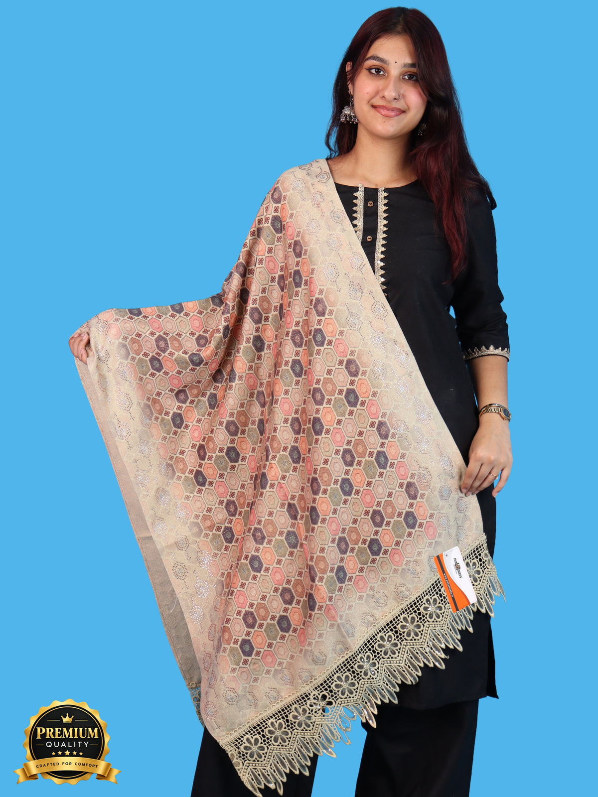 Pick Ur Needs Premium Stylish Womens & Girls Elegant Woolen Shawl Soft Warm Printed Stole with Lace Tassels
