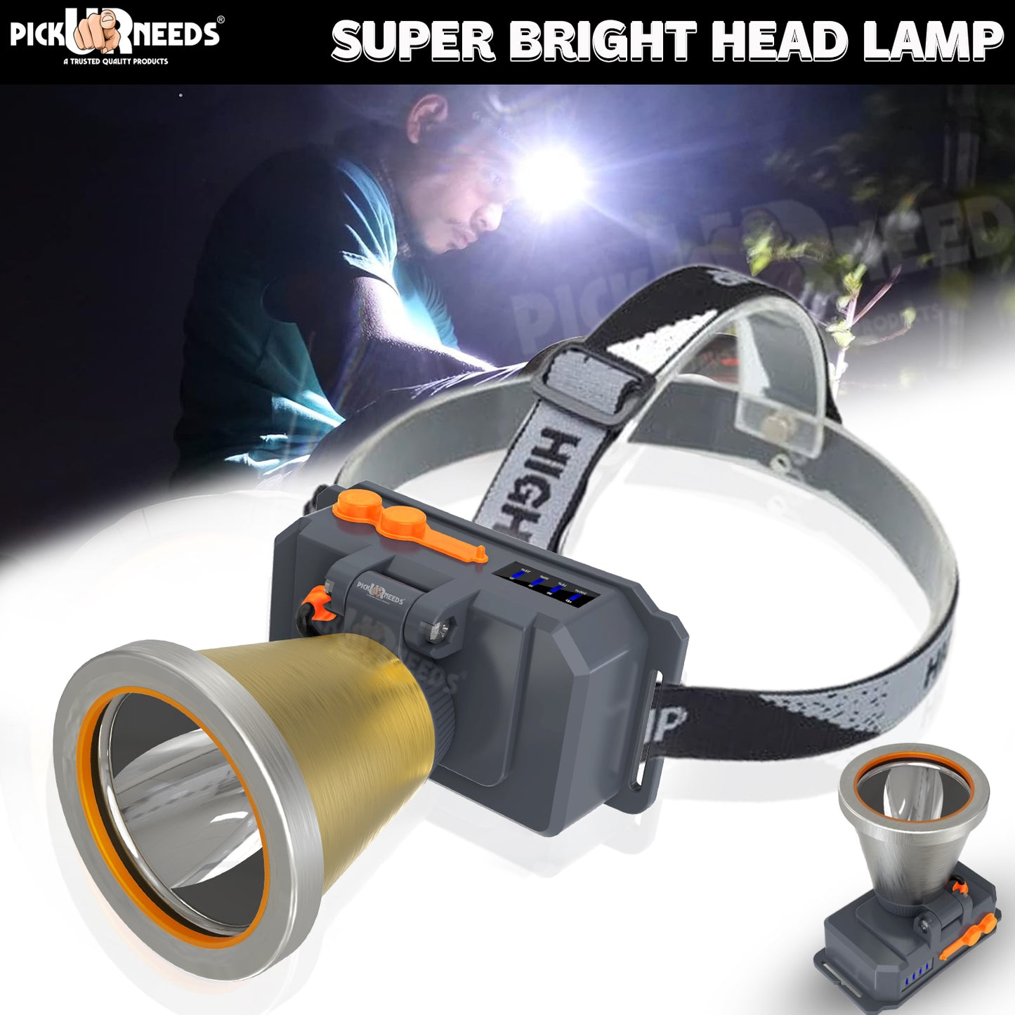 Pick Ur Needs Chargeable Head Lamp 3 Blink Mode Aluminum Body 2000mAh Battery 150W Bright LED 3 hrs Torch Emergency Light