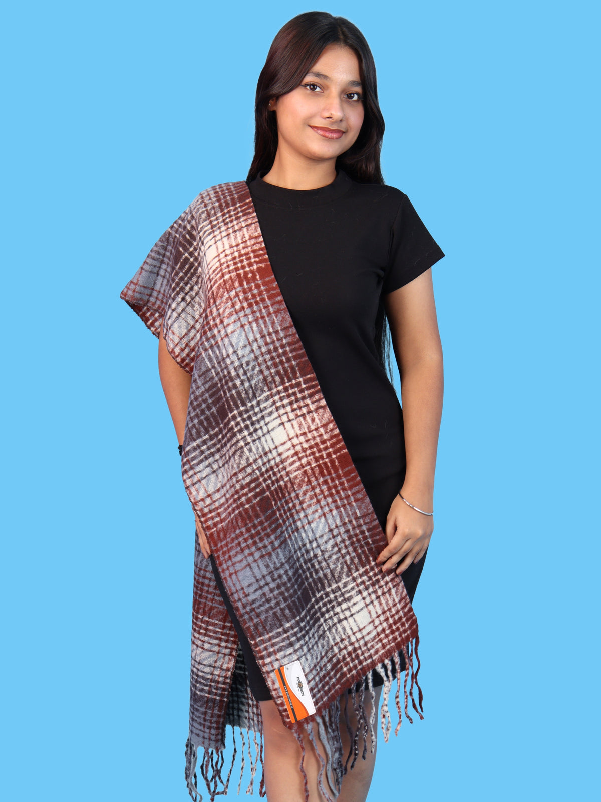 Pick Ur Needs Soft Woolen Girl's Muffler Scarf with Elegant Check Pattern,Warm & Cozy Winter Neck Wrap, Stylish Fringed Stole for Women & Girls