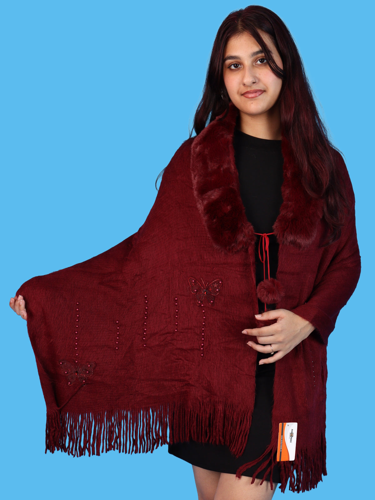 Pick Ur Needs Womens Faux Fur Collar Shrug with Pom Pom Tie Shawl Elegant Fringed Winter Wrap for Women & Girls