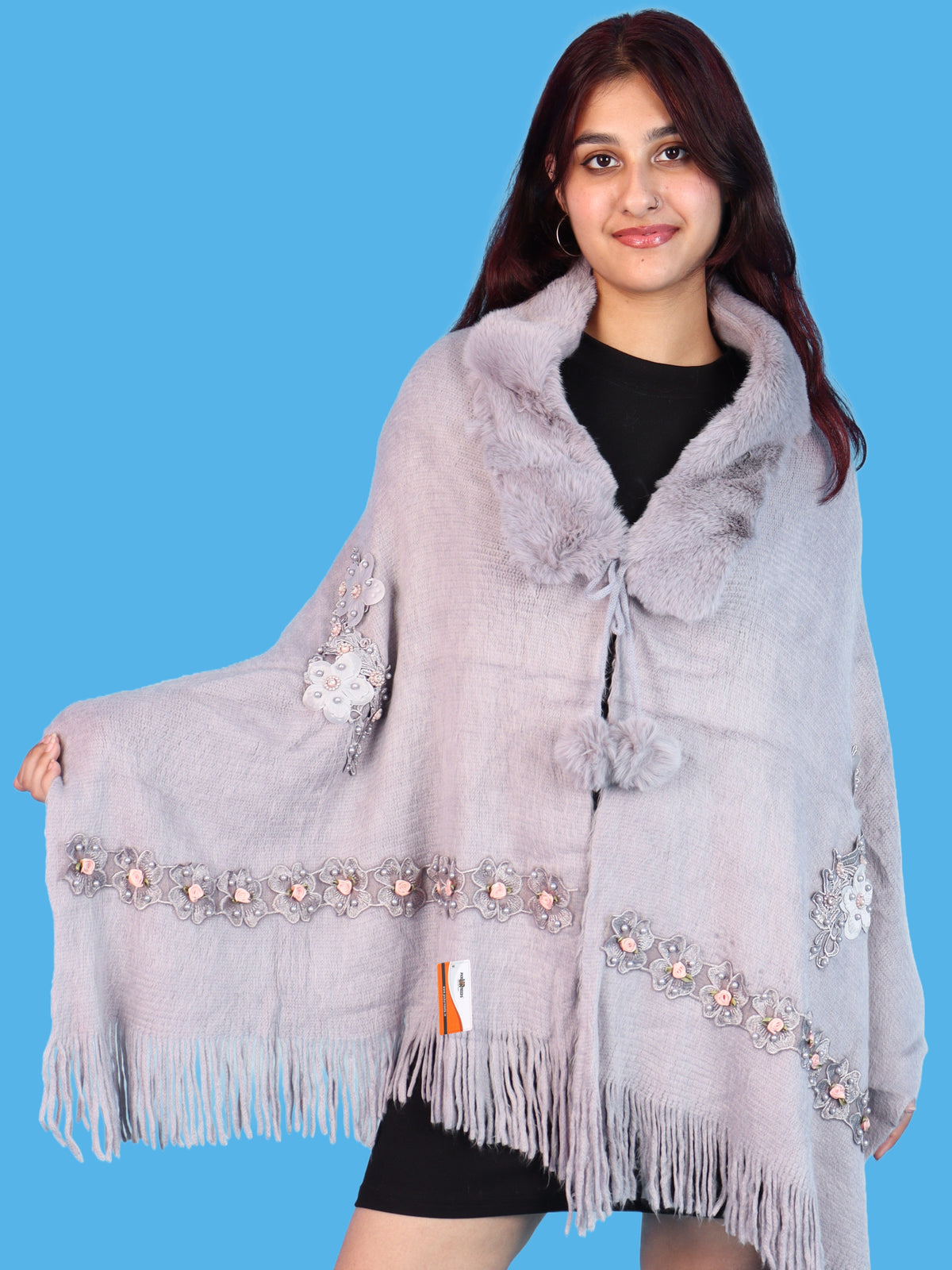 Pick Ur Needs Womens Premium Winter Shawl Shrug with Soft Fur Collar, Floral Embroidery, Pom-Pom Tie & Fringe Detailing Stylish Warm Wrap for Girls