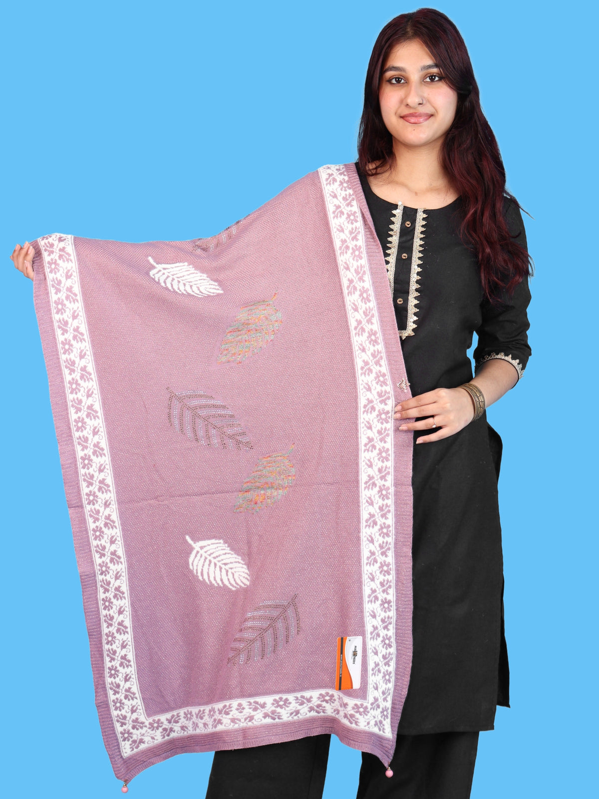 Pick Ur Needs Girls & Womens Winter Soft Lightweight Knitted Shawl with Leaf Design, Floral Border & Decorative Tassels
