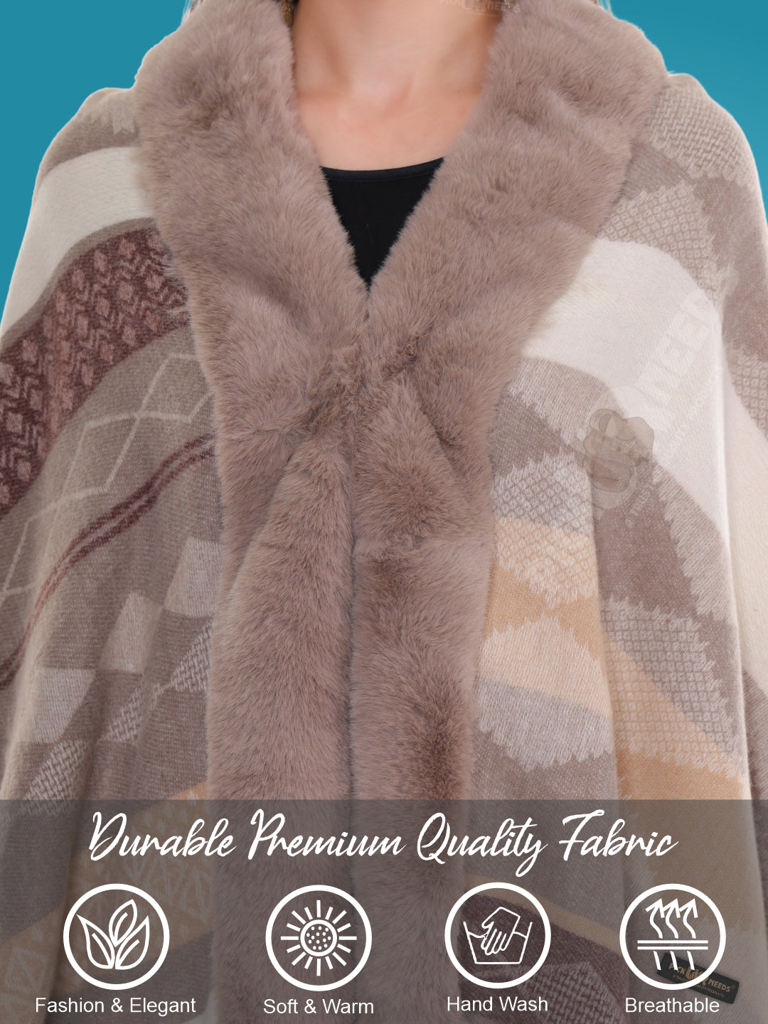 Pick Ur Needs Elegant Winter Soft & Warm Woolen Shawl with Faux Fur Border Multi Color Pattern Scarf