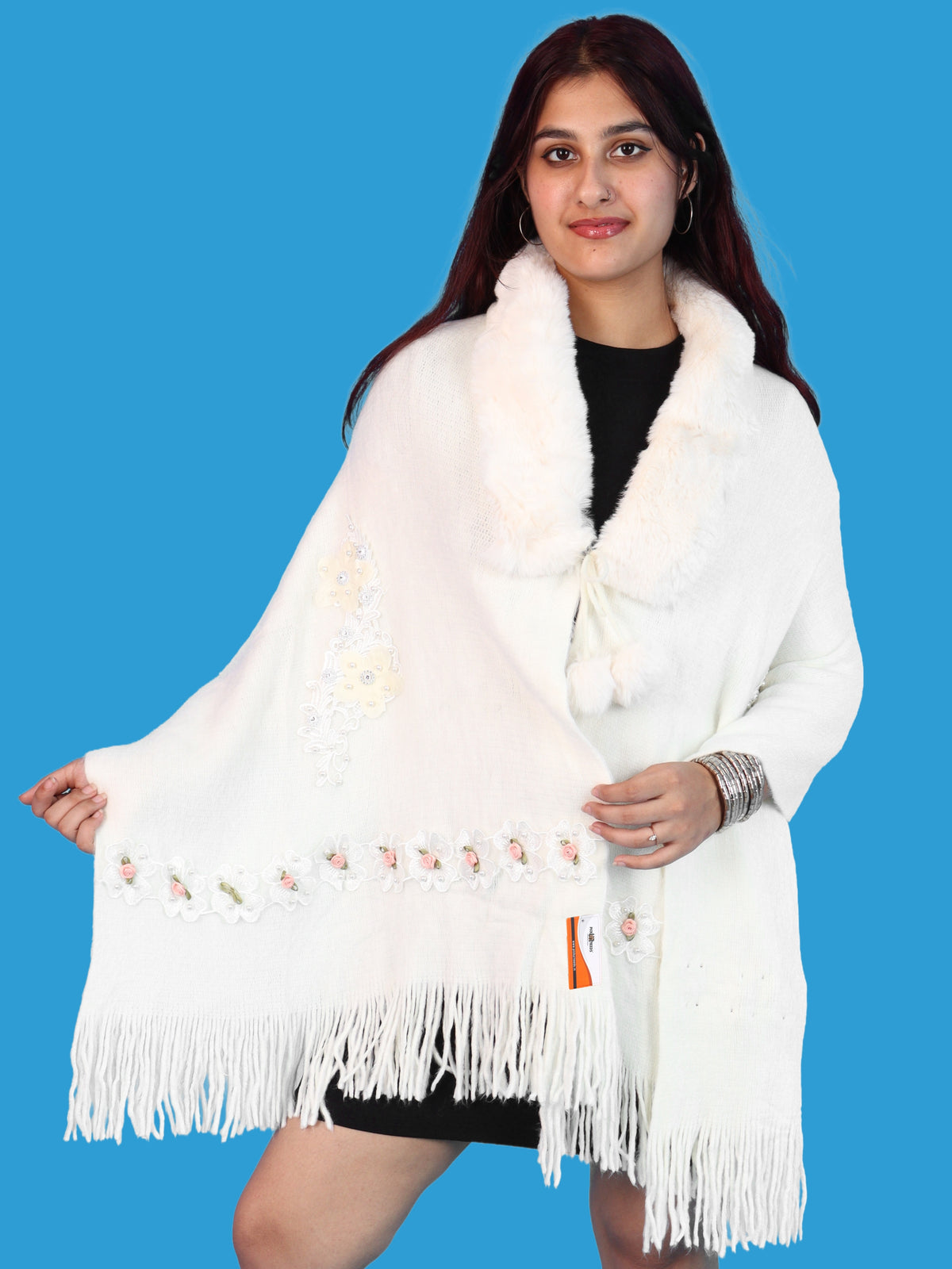 Pick Ur Needs Womens Premium Winter Shawl Shrug with Soft Fur Collar, Floral Embroidery, Pom-Pom Tie & Fringe Detailing Stylish Warm Wrap for Girls