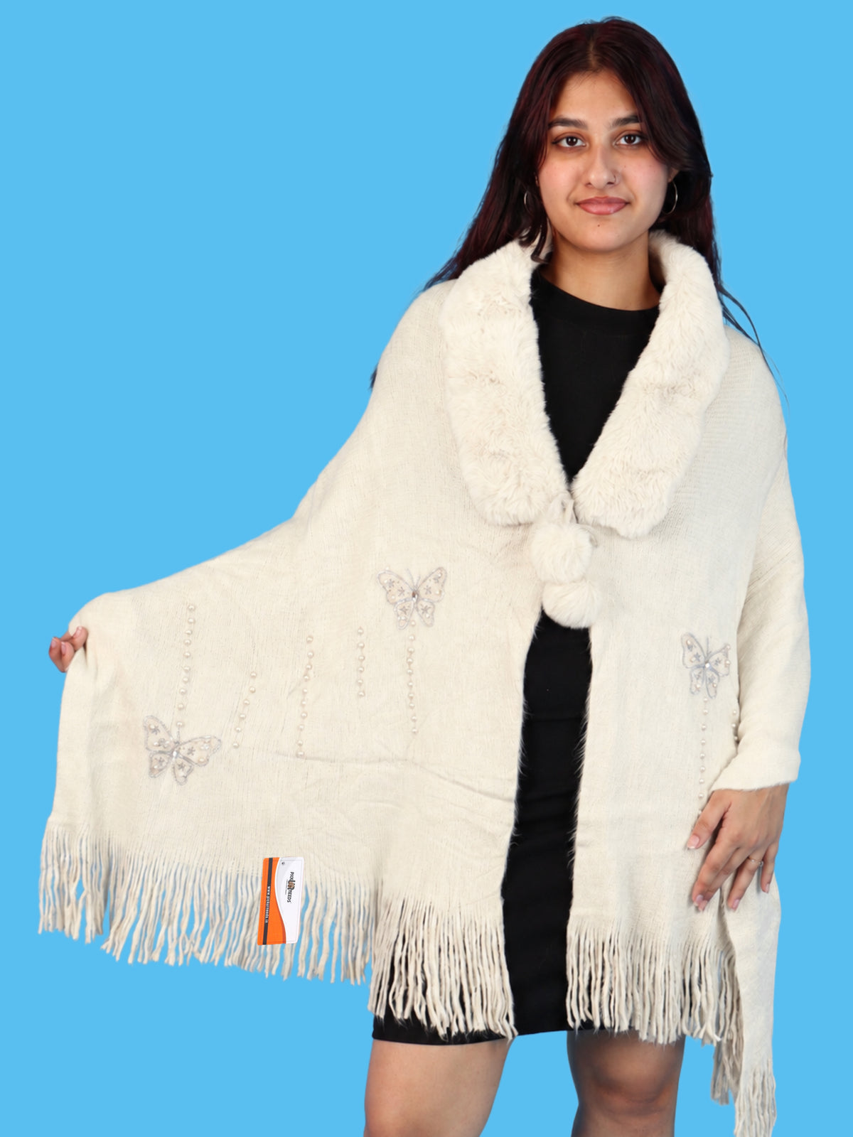 Pick Ur Needs Womens Faux Fur Collar Shrug with Pom Pom Tie Shawl Elegant Fringed Winter Wrap for Women & Girls