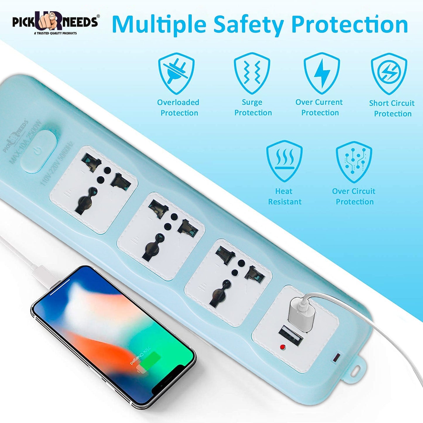 Pick Ur Needs Extension Cord 10A 3 -Way Board with 2 USB Socket 3 Socket Extension Boards for Multi Use