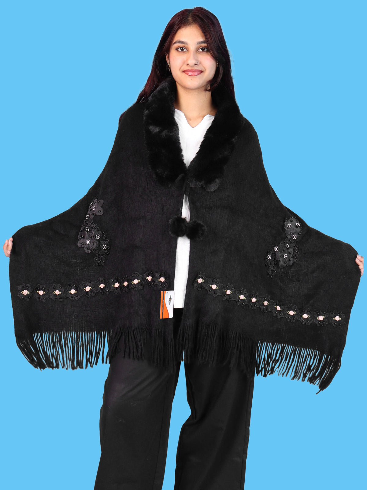 Pick Ur Needs Womens Premium Winter Shawl Shrug with Soft Fur Collar, Floral Embroidery, Pom-Pom Tie & Fringe Detailing Stylish Warm Wrap for Girls