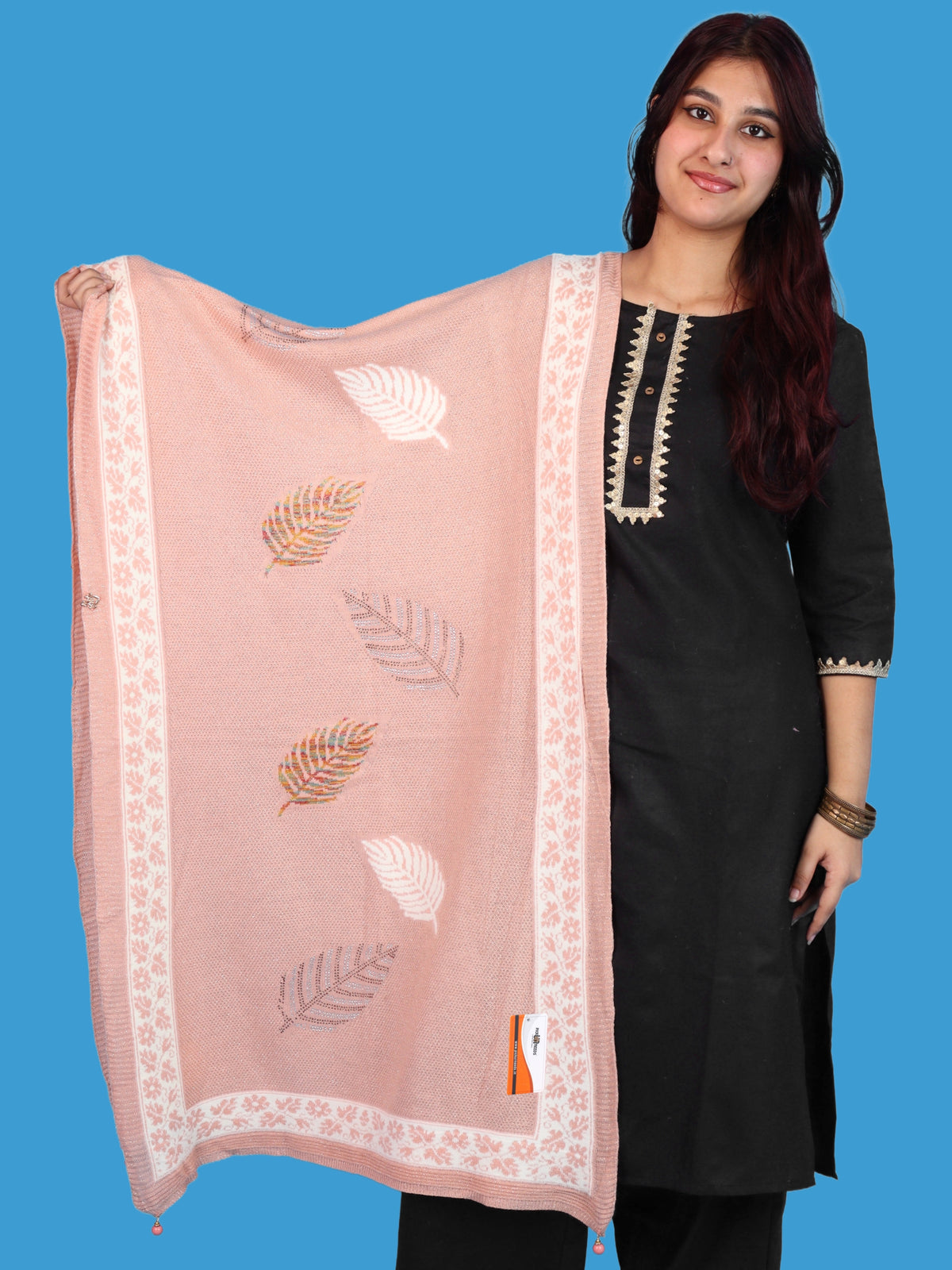 Pick Ur Needs Girls & Womens Winter Soft Lightweight Knitted Shawl with Leaf Design, Floral Border & Decorative Tassels