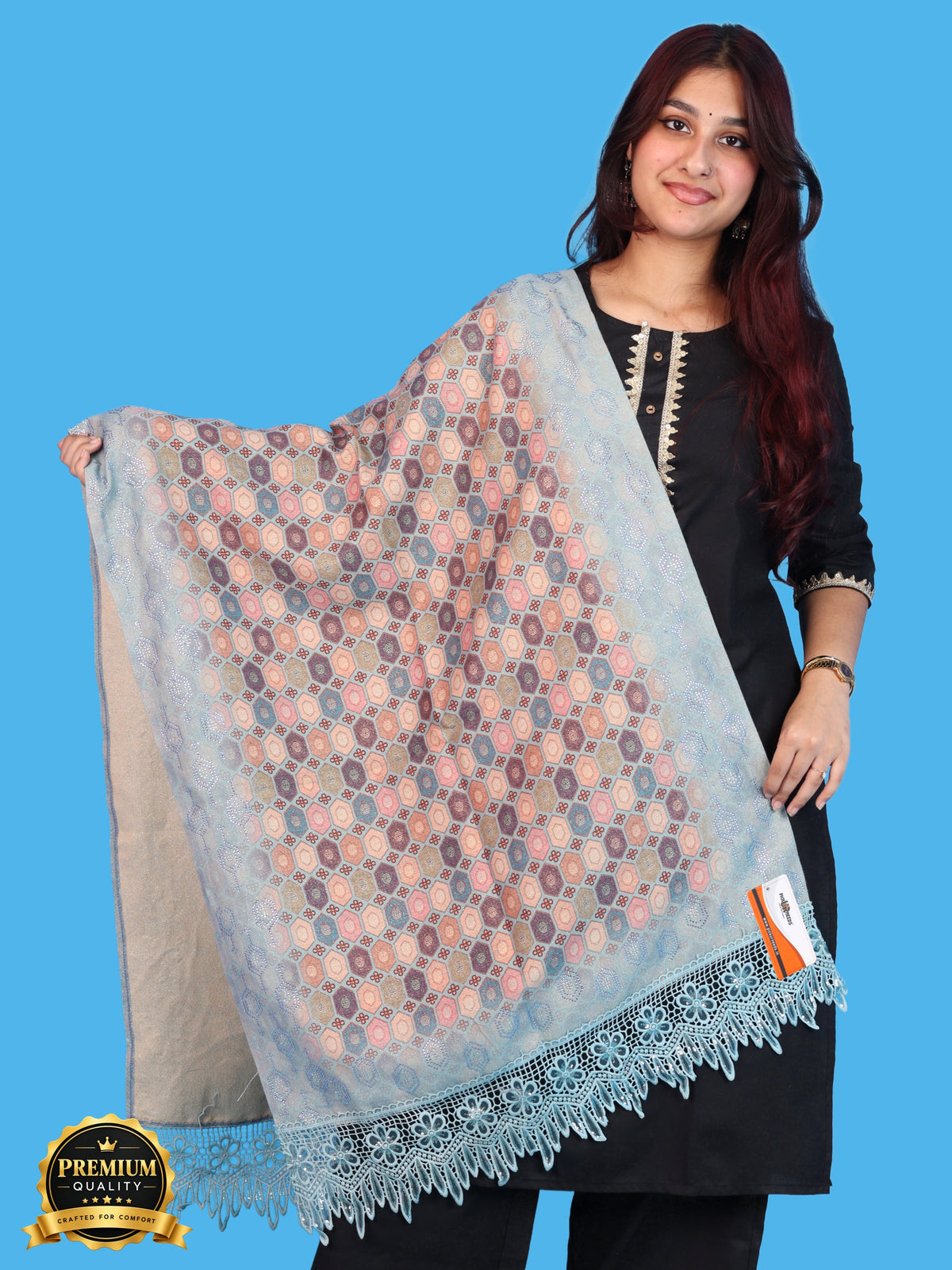 Pick Ur Needs Premium Stylish Womens & Girls Elegant Woolen Shawl Soft Warm Printed Stole with Lace Tassels