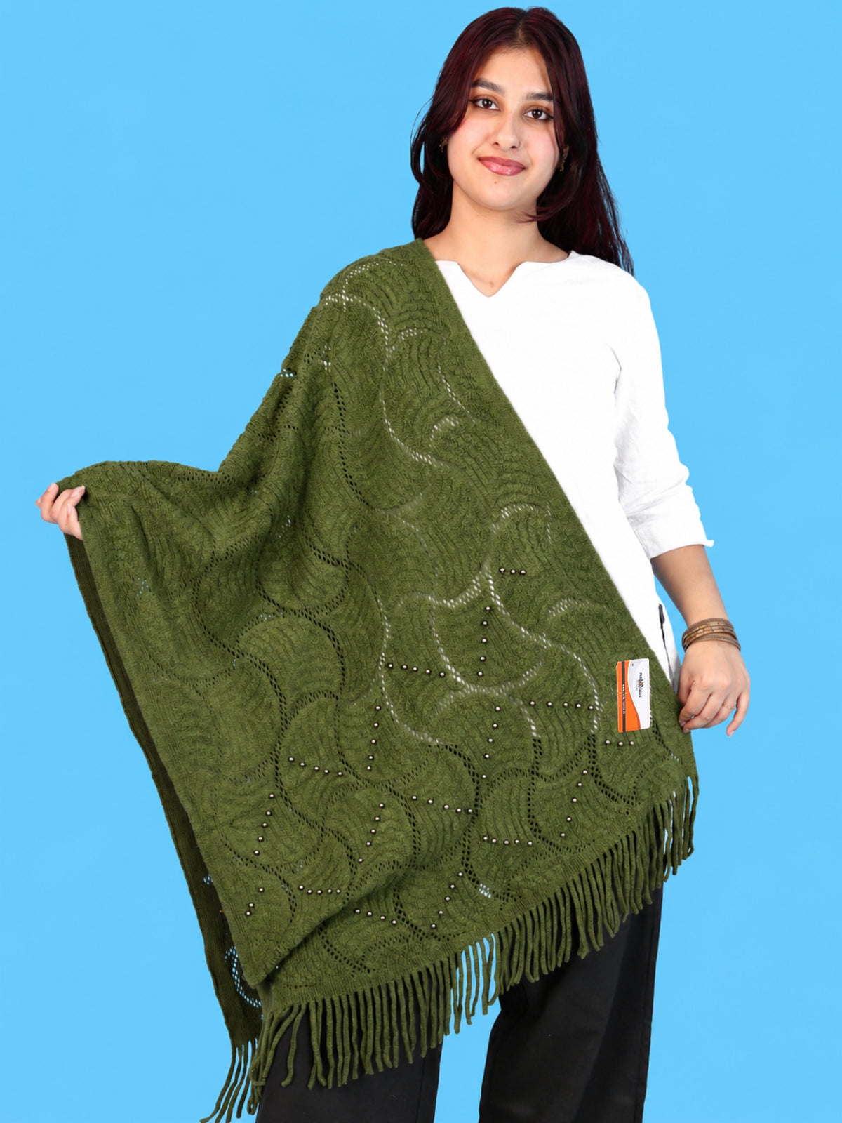 Pick Ur Needs Women & Girls Winter Warm Woolen Shawl Stole with Pearl Work & Fringes – Soft Stylish Wrap