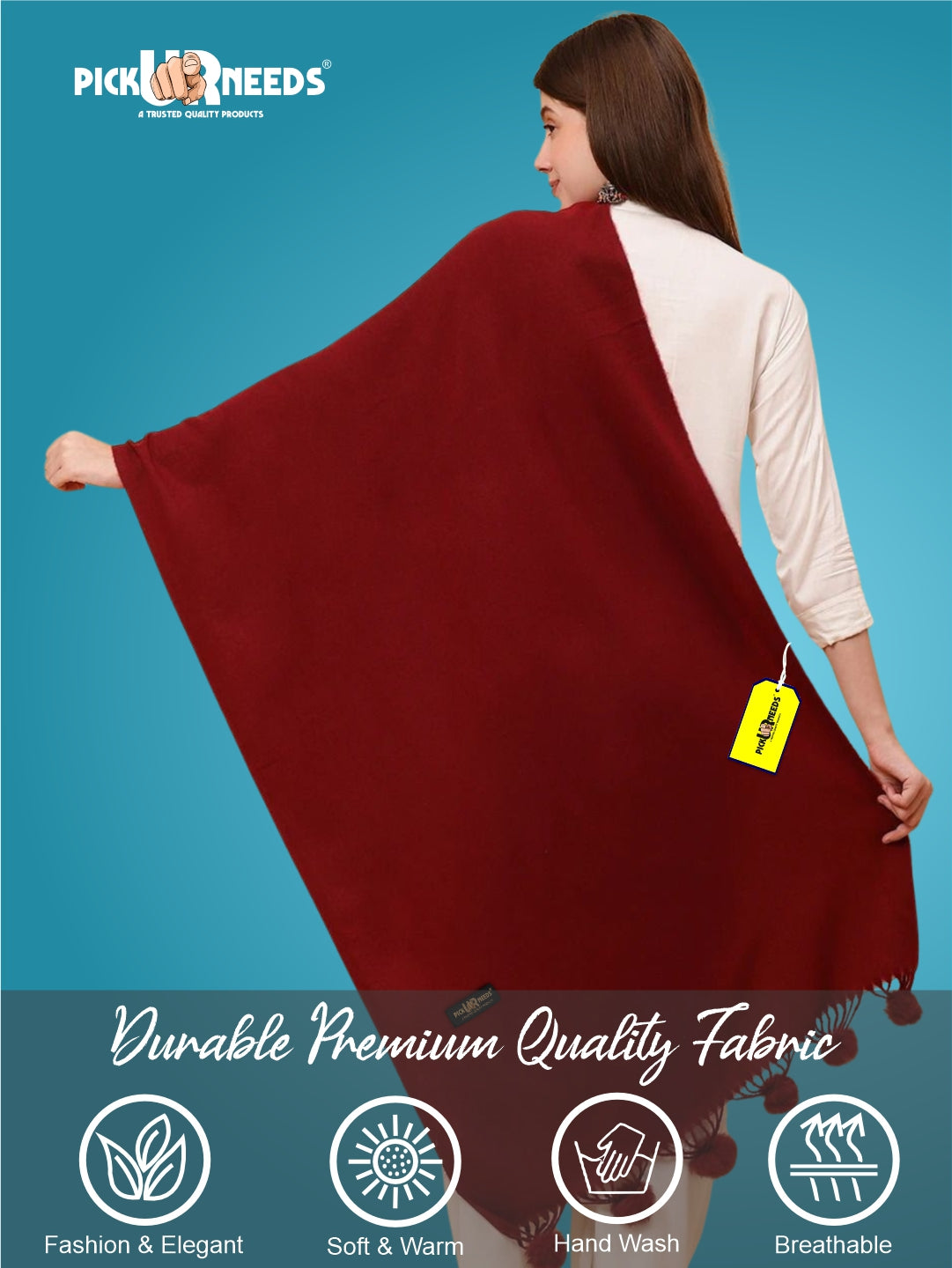 Pick Ur Needs Premium Women’s Wool Blend Scarf Soft Woolen Shawl Winter Stole with Tassels & Pom Poms