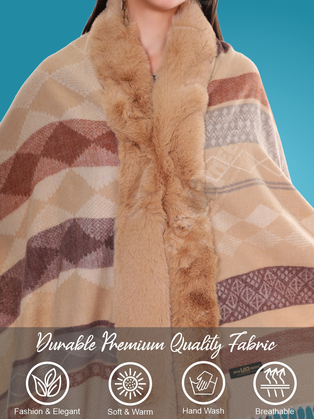 Pick Ur Needs Elegant Winter Soft & Warm Woolen Shawl with Faux Fur Border Multi Color Pattern Scarf