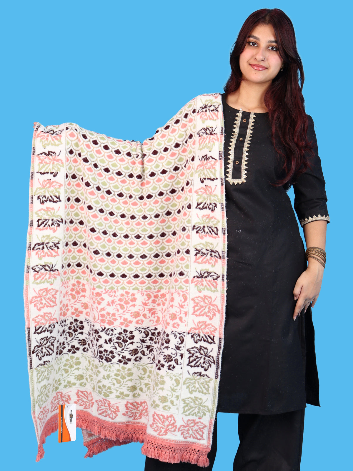 Pick Ur Needs Womens & Girls Winter Premium Shawl Floral Patterned Wool Blend Wrap with Decorative Border & Fringe Finish