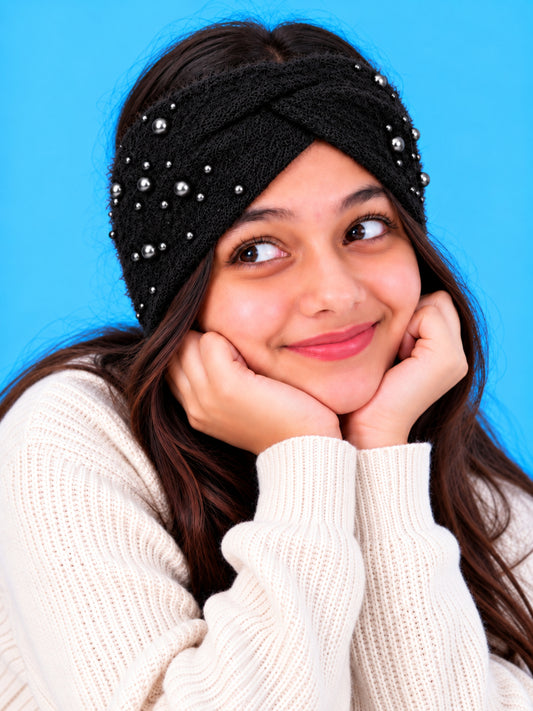 Pick Ur Needs Winter Ear Warmer Kanpatti Soft Woolen Headband with Elegant Pearl Design Warm Stretchable For Womens & Girls