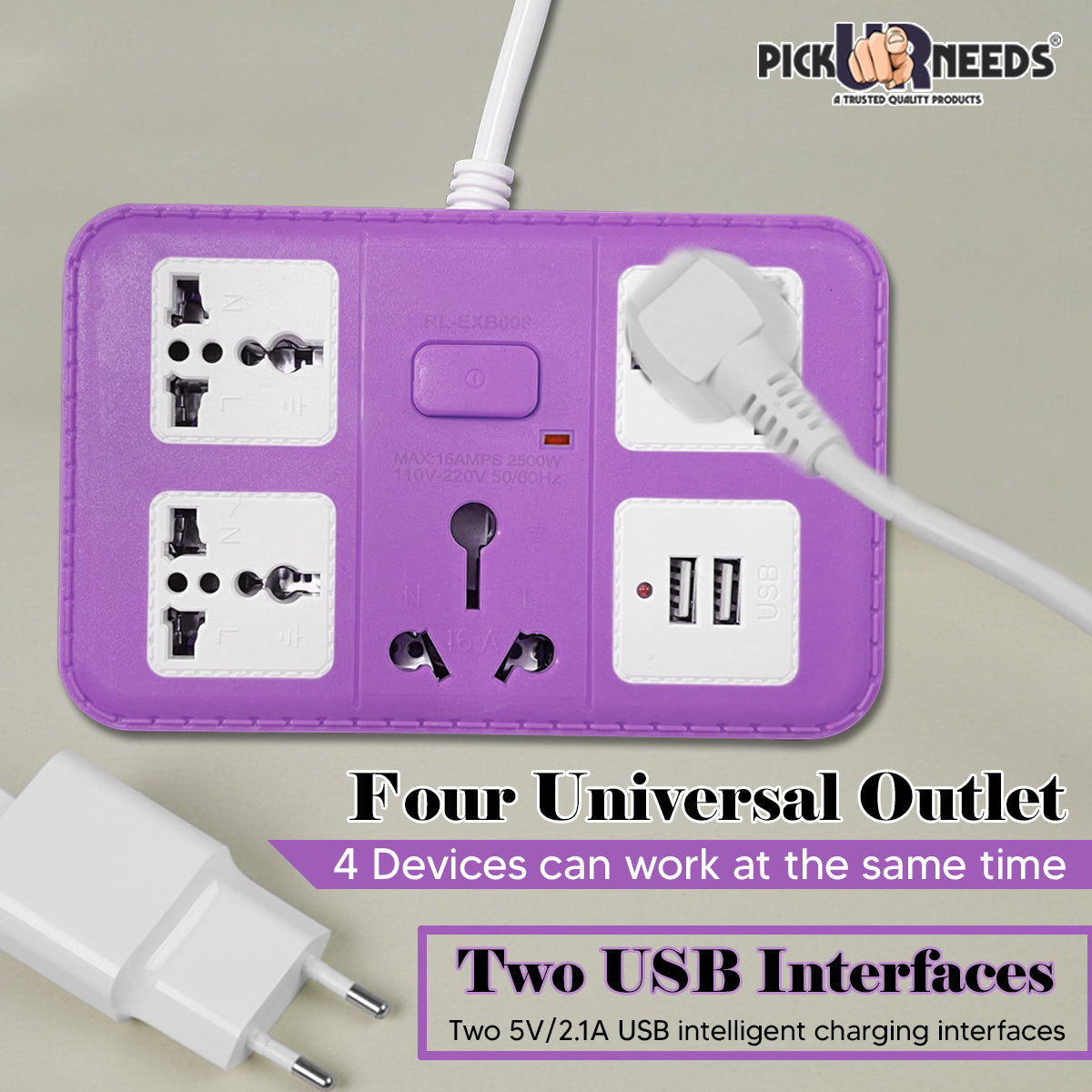 Pick Ur Needs  220 volts Extension Cord with 2 USB Charging Ports and 3 Socket + 1 Master Switch - 16 AMP Heavy Duty for Multiple