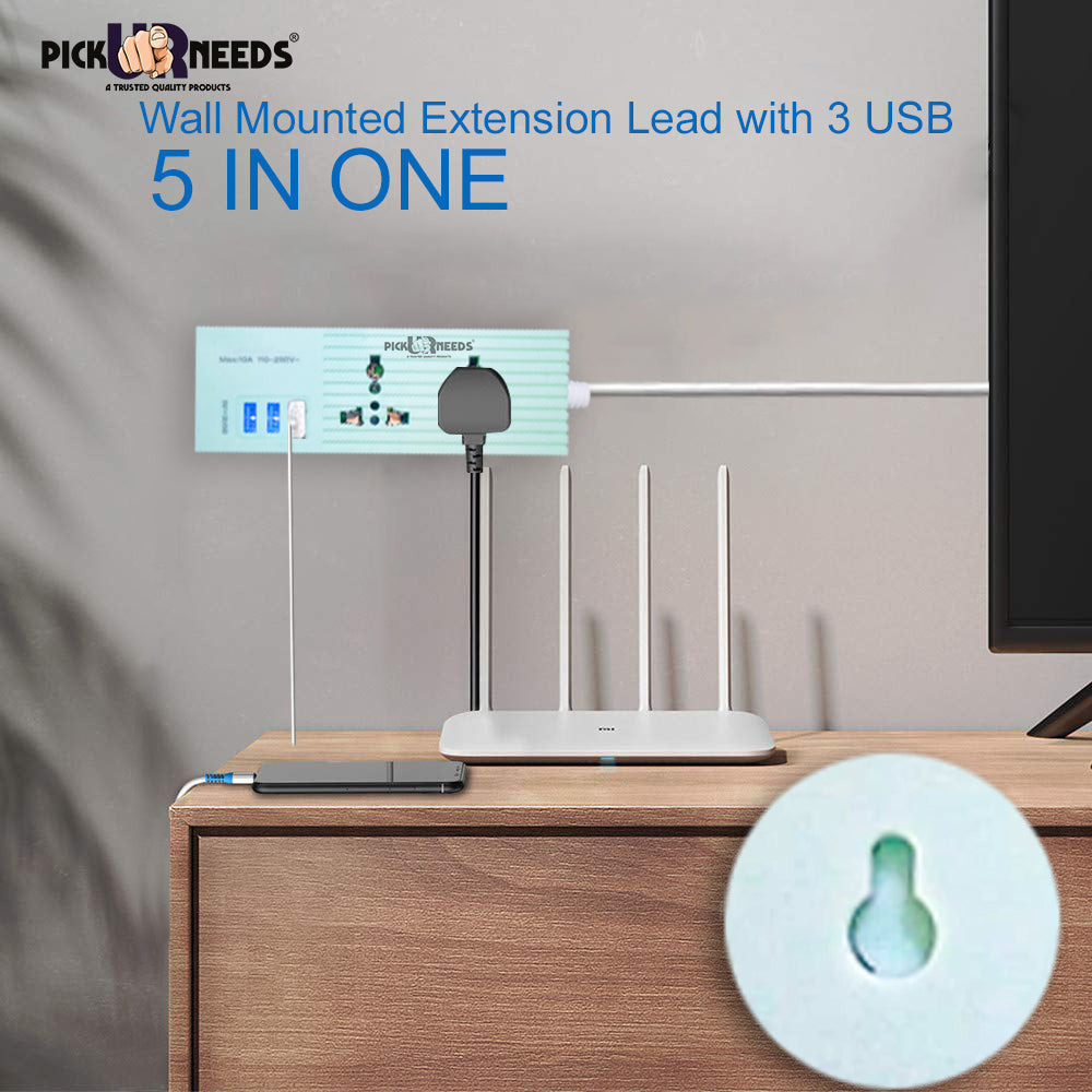 Pick Ur Needs Extension Cord 10A with Universal 2 Socket & 3 USB Port Extension Boards for Multiple Use