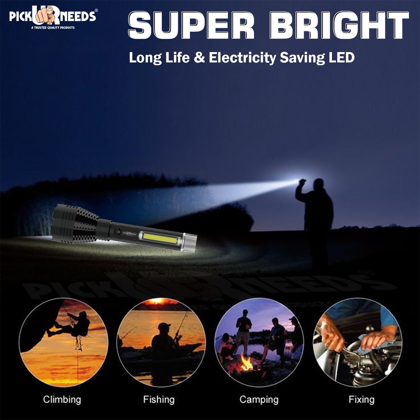 Pick Ur Needs Rechargeable 75W LED Torch Light With 3 Brightness Mode+C Type Charging+Side COB 4 hrs Torch Emergency Light