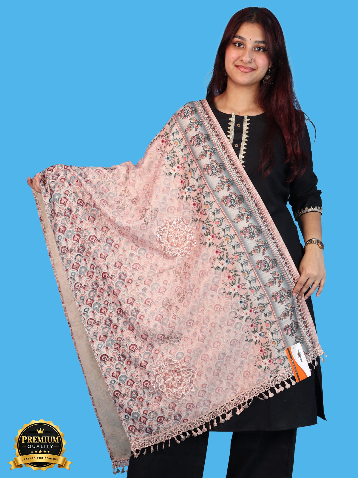Pick Ur Needs Premium Stylish Womens & Girls Elegant Woolen Shawl Soft Warm Printed Stole with Lace Tassels