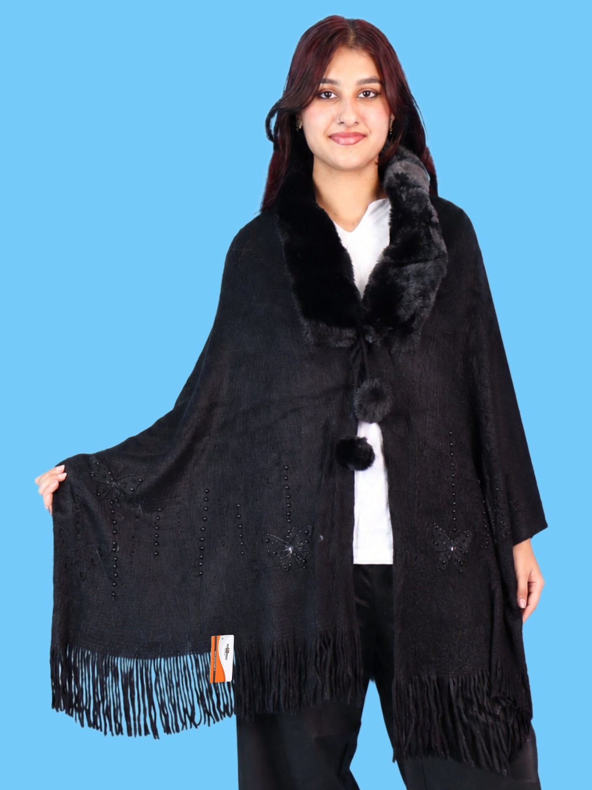 Pick Ur Needs Womens Faux Fur Collar Shrug with Pom Pom Tie Shawl Elegant Fringed Winter Wrap for Women & Girls